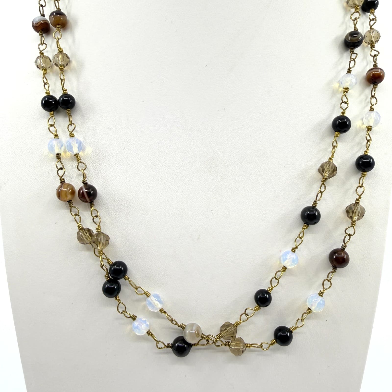 Vintage Gold Tone Multi Strand Beaded Necklace Faux Tiger Eye Opalite Stone Y2K