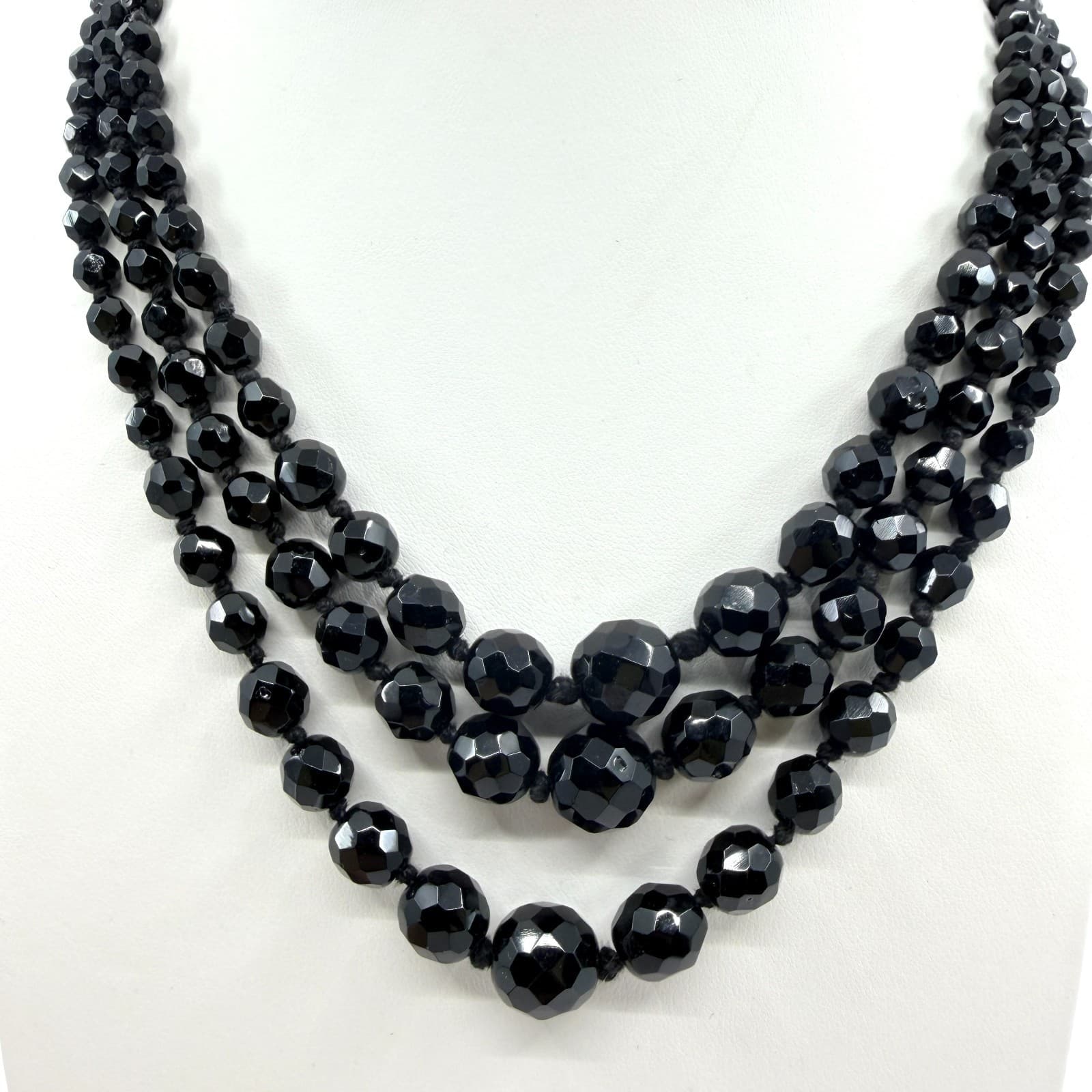 Vintage Triple Strand Black Faceted Graduated Bead Necklace MCM Retro Chic
