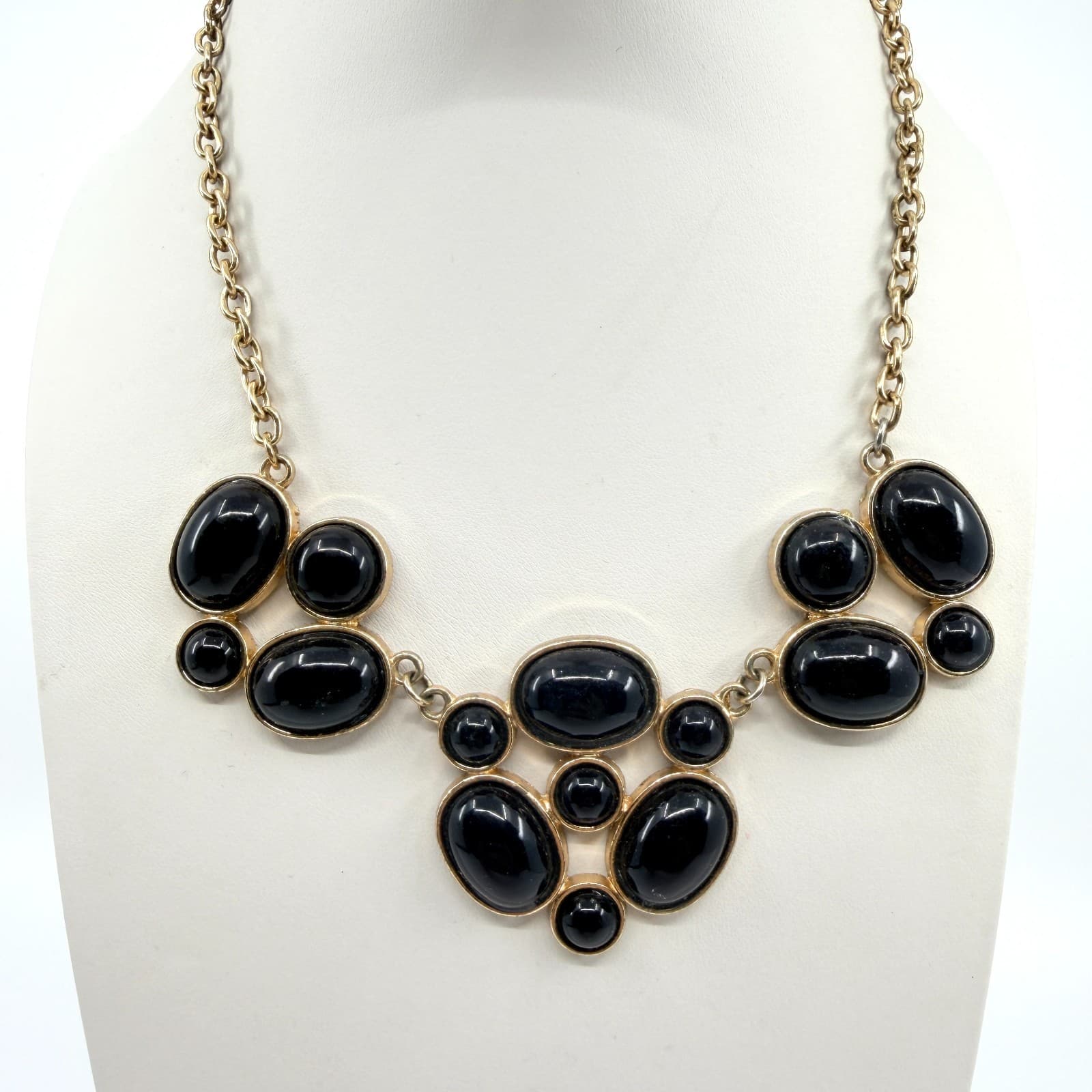 Vintage Gold Tone Black Acrylic Cabochon Bib Statement Necklace Bold Chunky Y2K