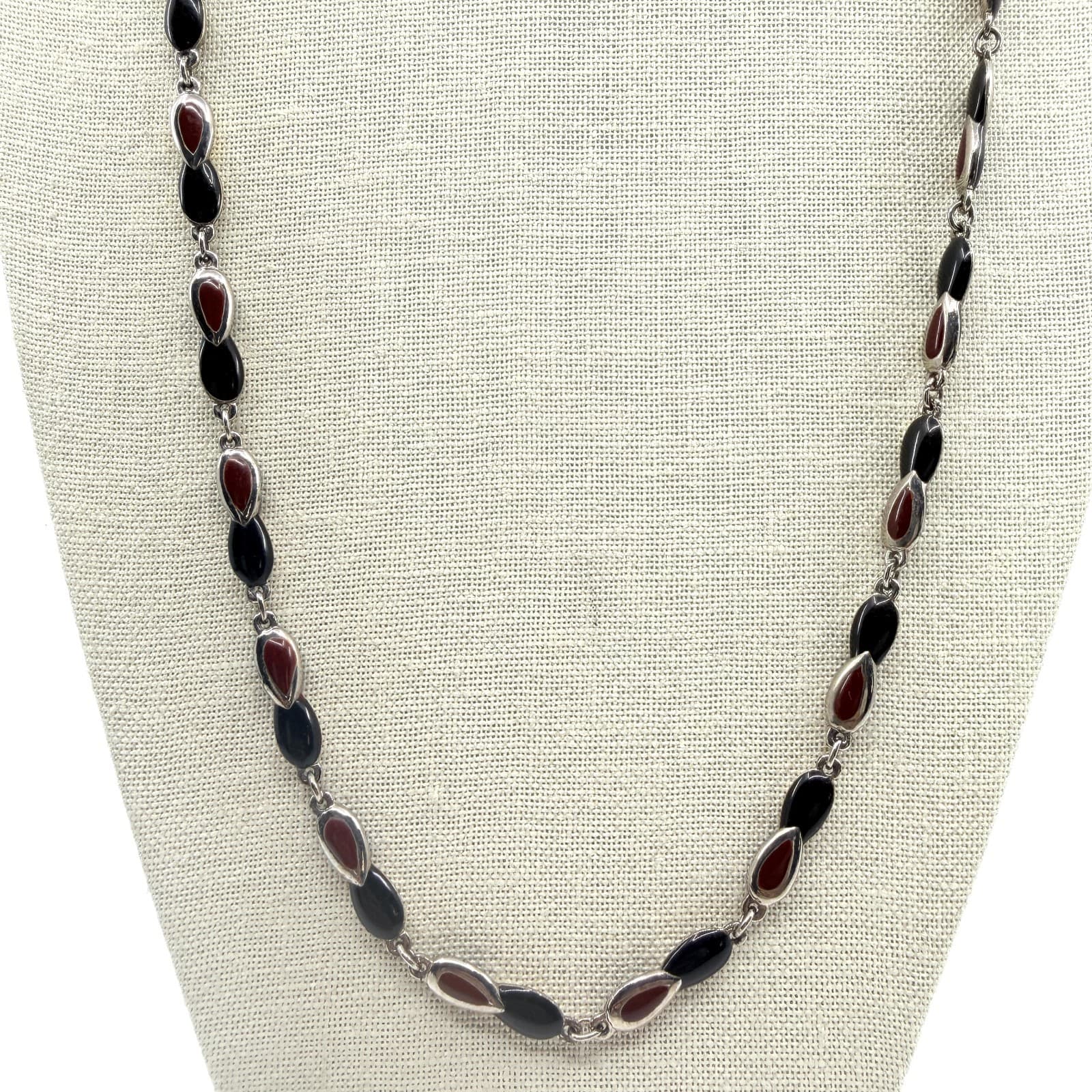 Vintage Silver Tone Station Necklace Black Burgundy Teardrop Link Long Boho Y2K