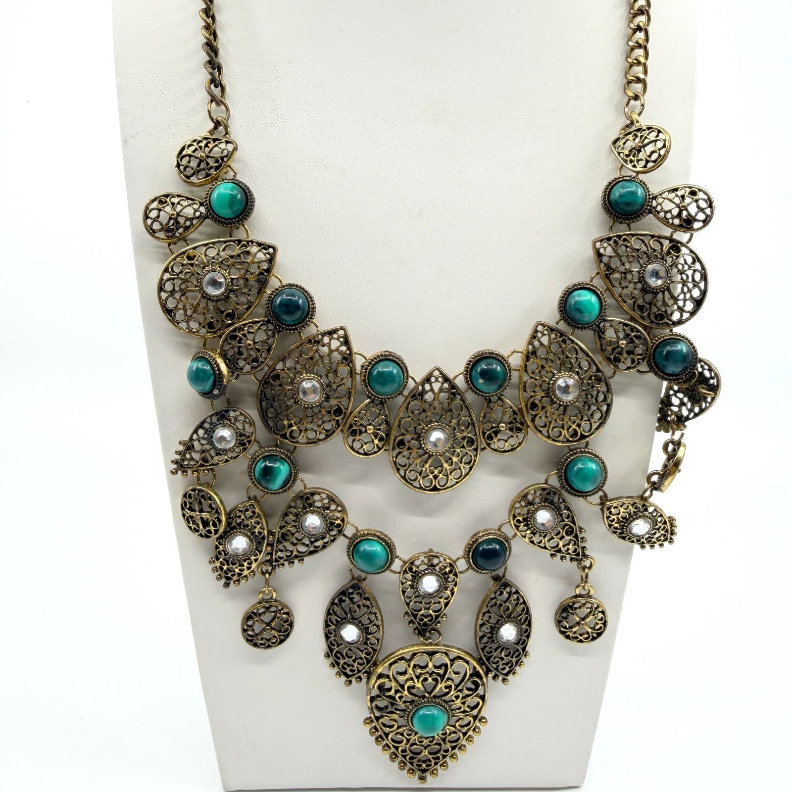 Vintage Antique Gold Tone Filigree Bib Statement Necklace Teal Green Boho Retro