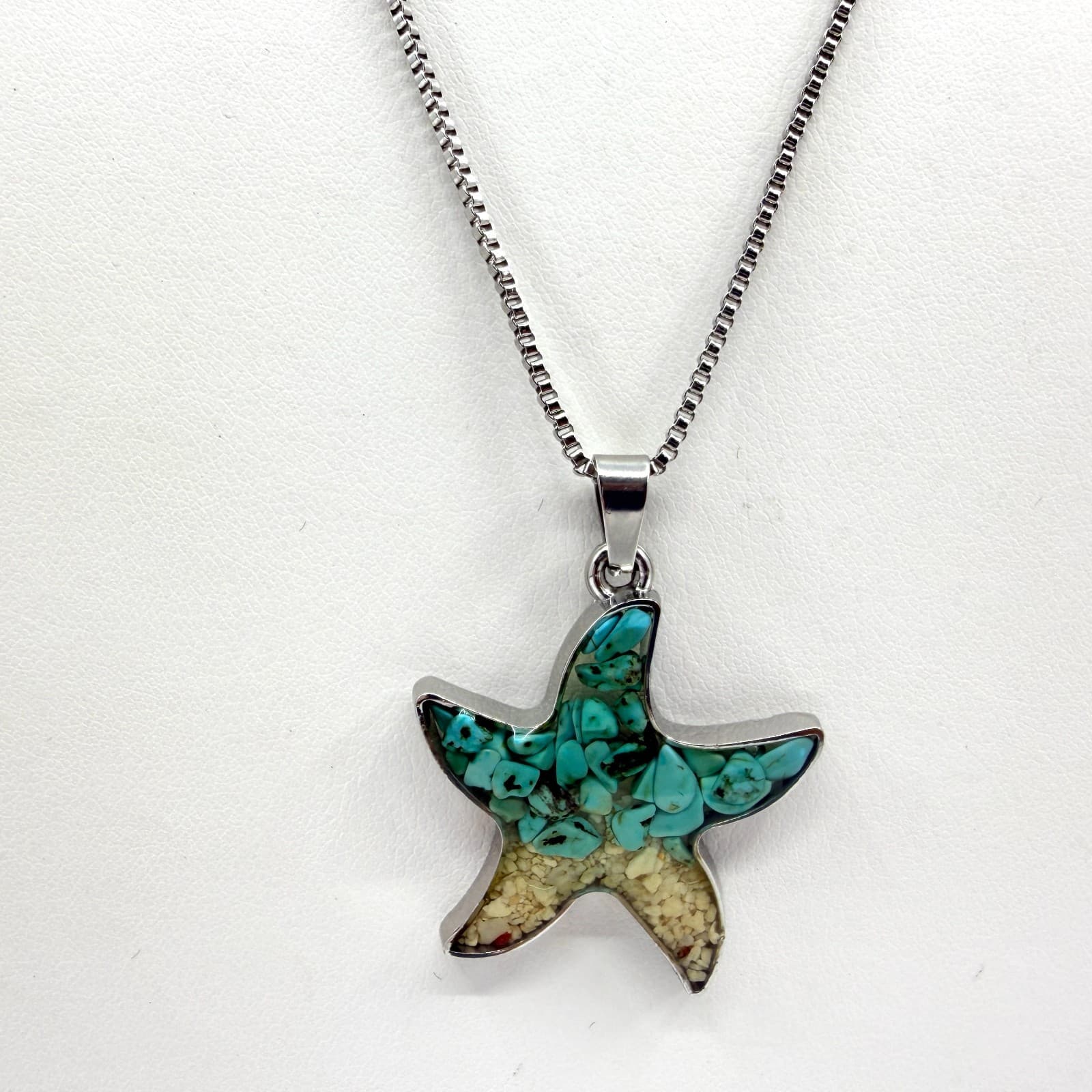 Vintage Silver Tone Starfish Pendant Necklace Teal Faux Turquoise Beachy Boho