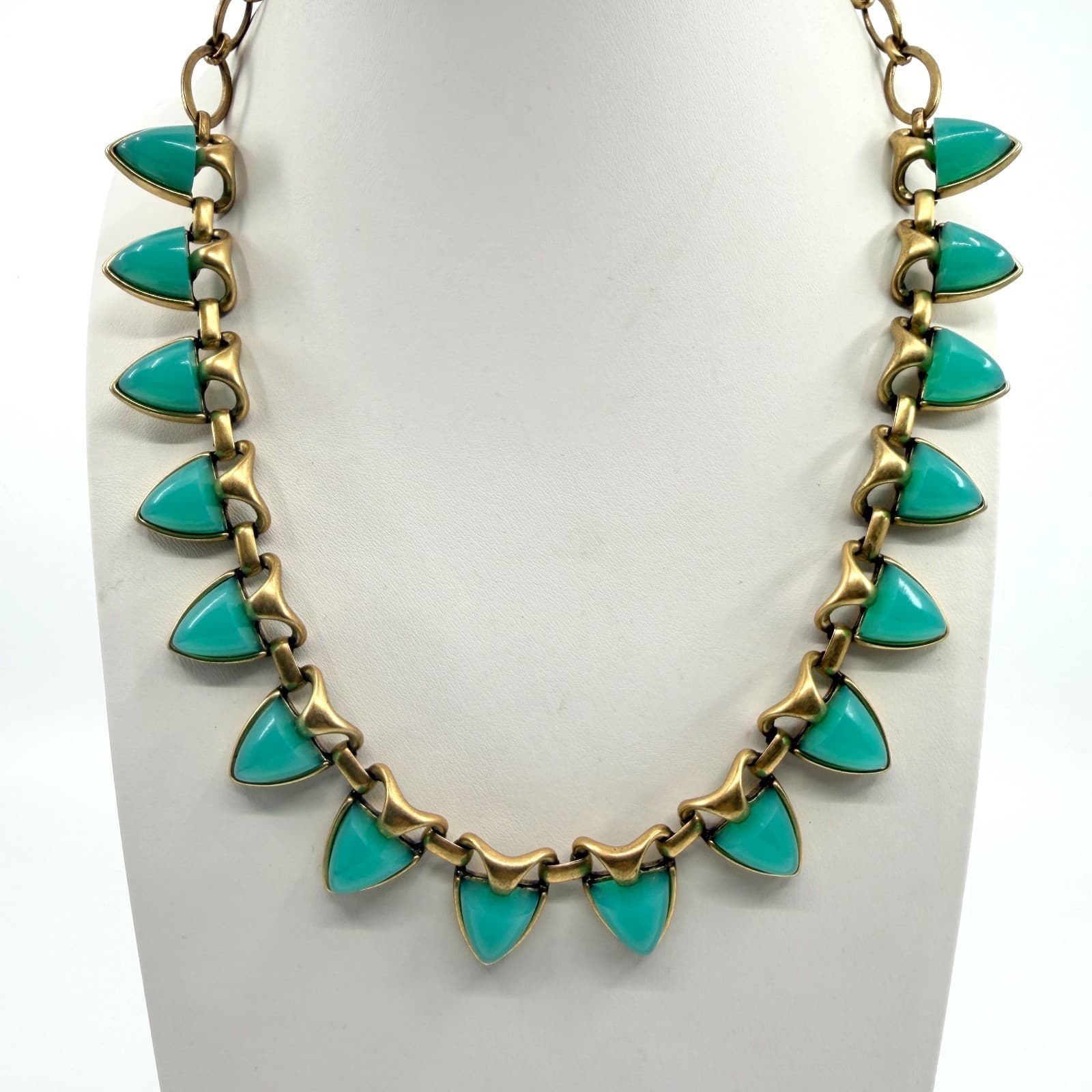 Vintage Antique Gold Tone Aqua Green Triangle Statement Necklace Bold Chunky Y2K
