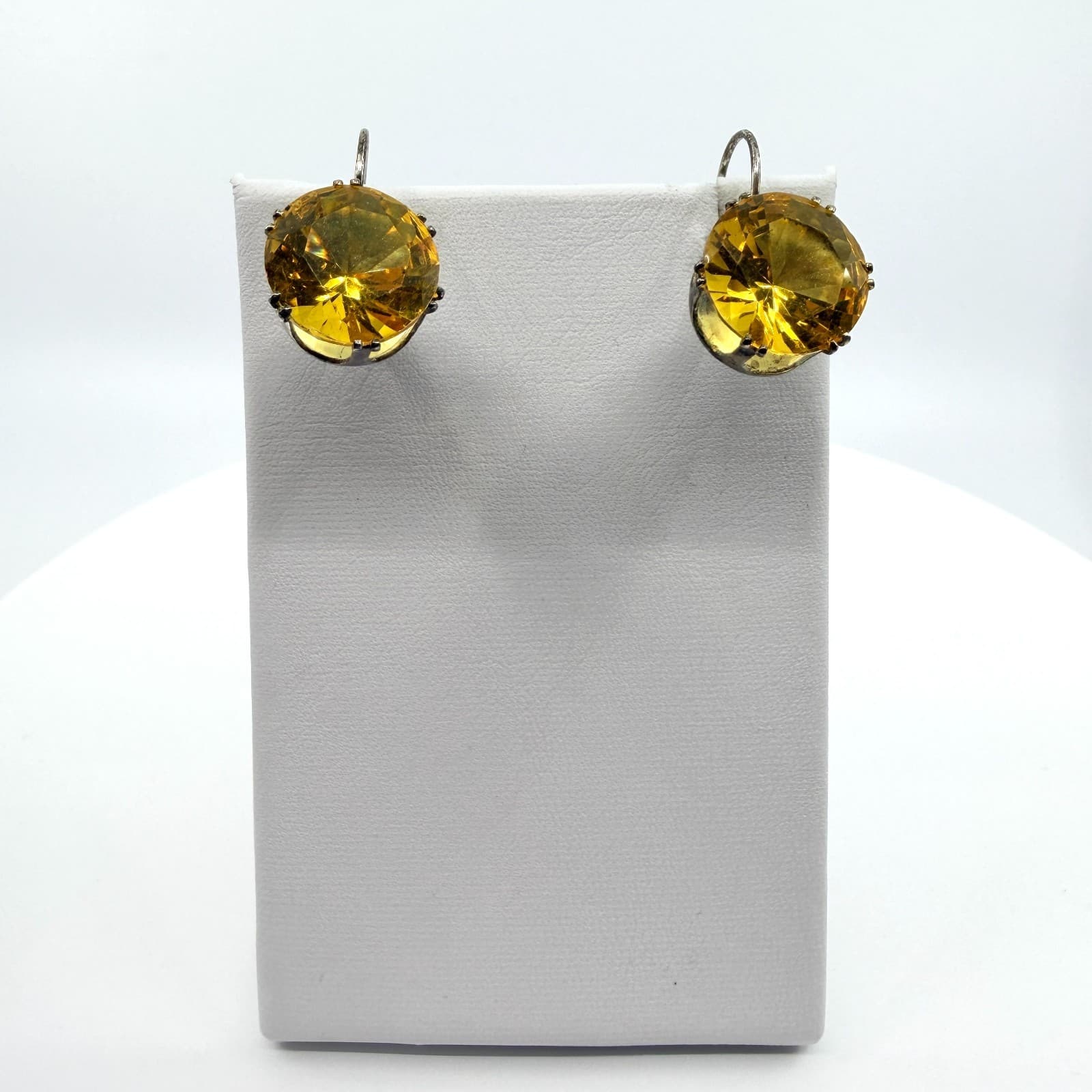 Vintage Silver Tone Yellow Round Faceted Drop Leverback Earrings Minimalist Boho