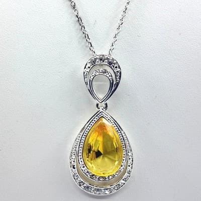 Vintage Silver Tone Yellow Teardrop Crystal Pendant Necklace Rhinestone Halo