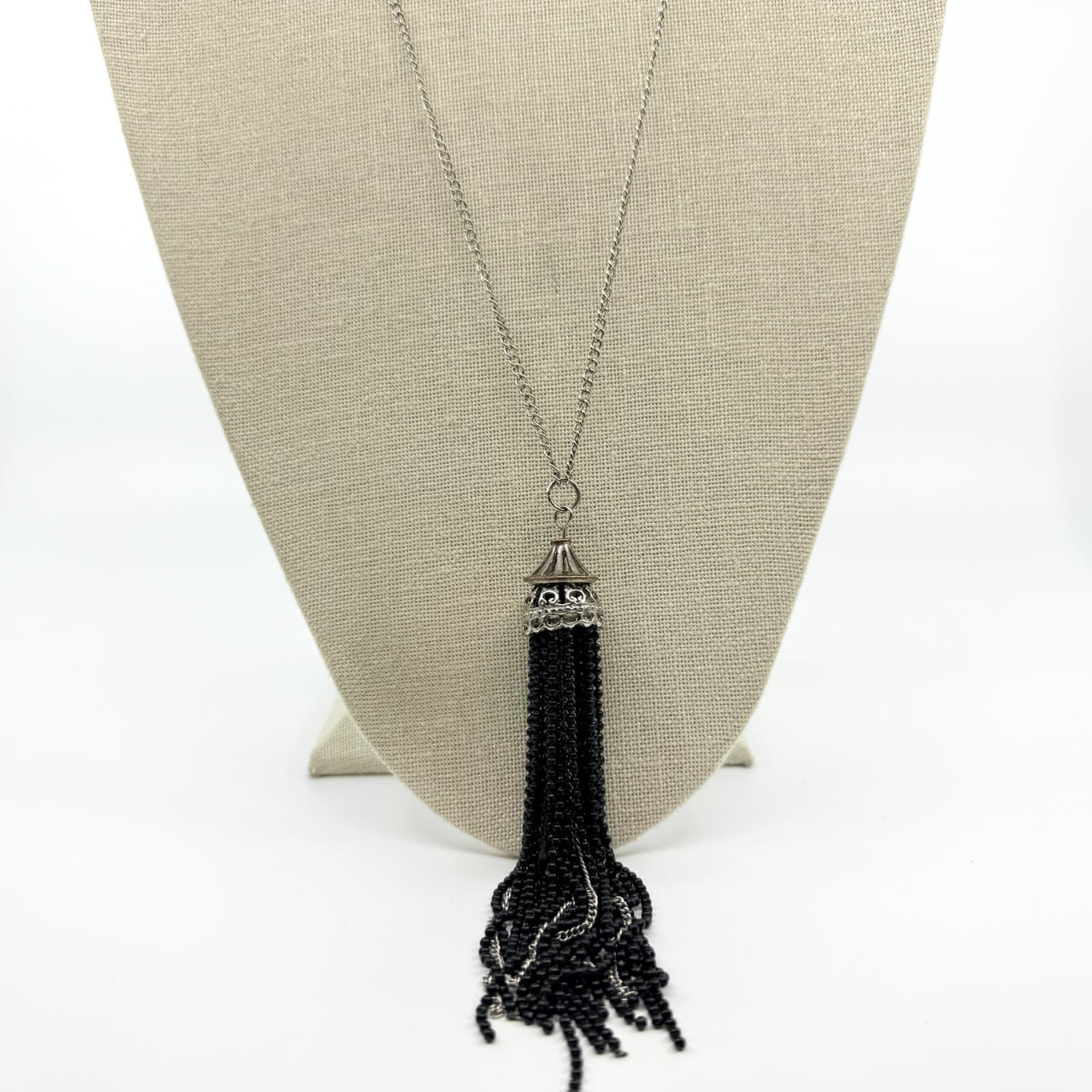 Vintage Silver Tone Black Beaded Tassel Pendant Necklace Long Boho Statement