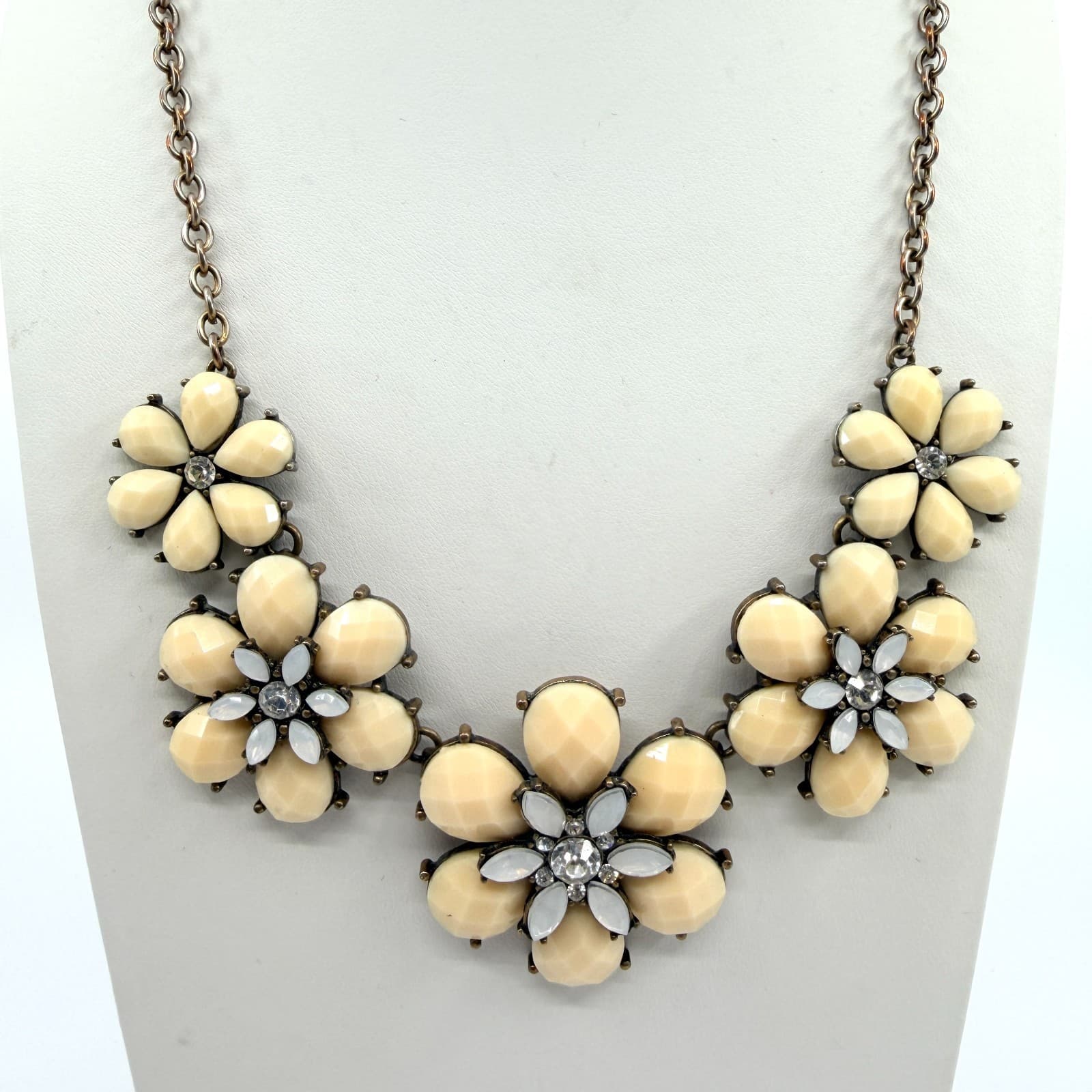 J. Crew Cream Floral Cluster Statement Necklace Rhinestone Bib Gold Tone Boho