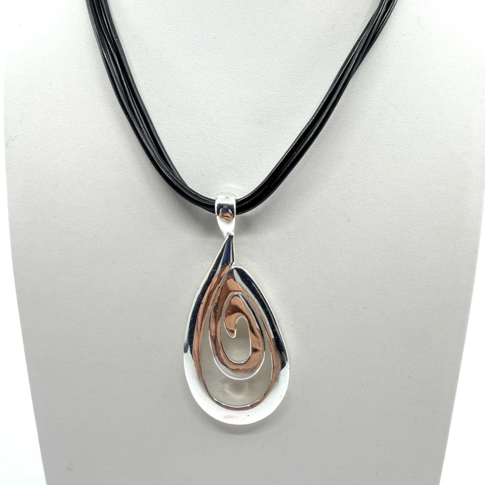 Vintage Two Tone Silver Gold Tone Swirl Teardrop Pendant Necklace Statement 90s