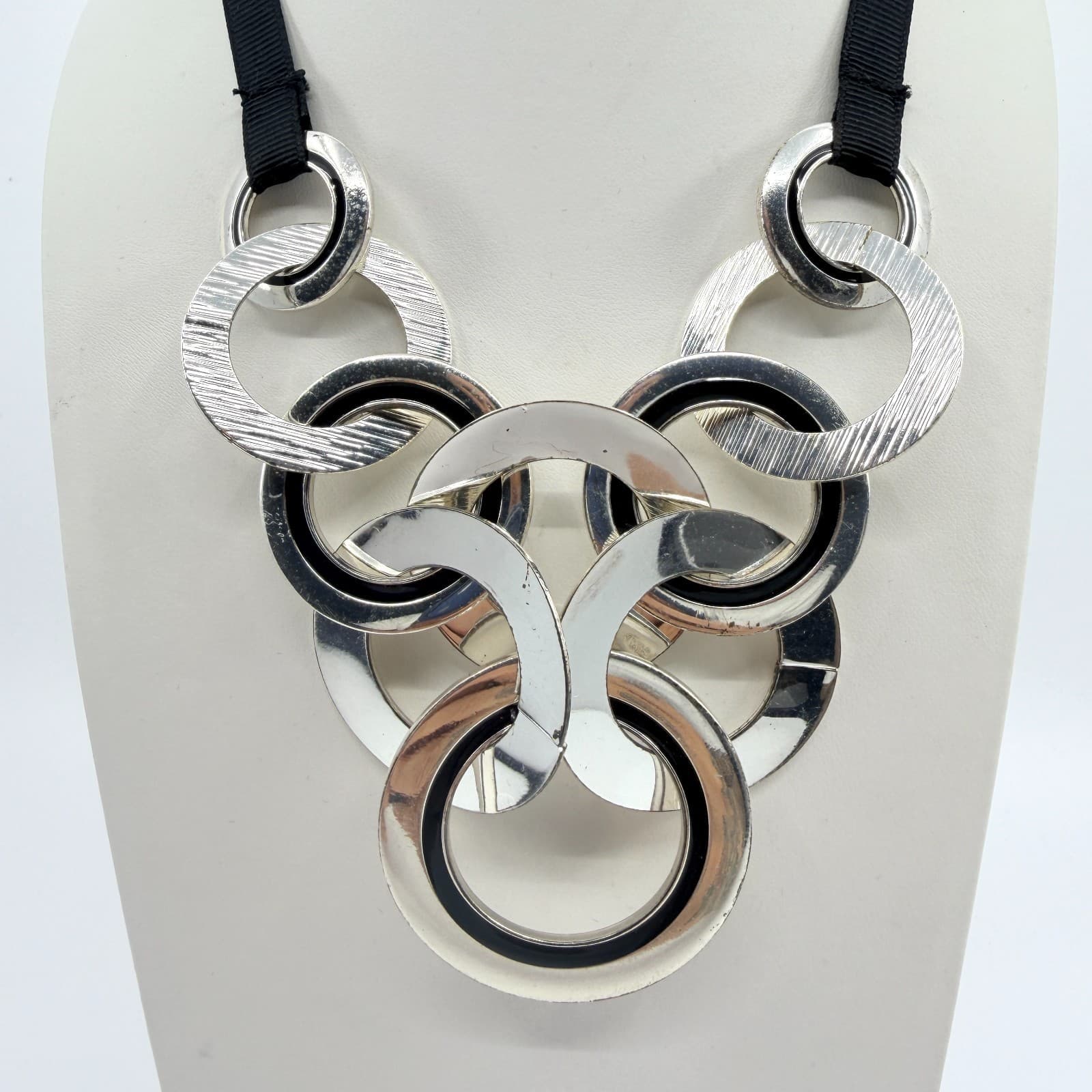 Vintage Silver Tone Black Geometric Circle Bib Statement Necklace Ribbon Retro