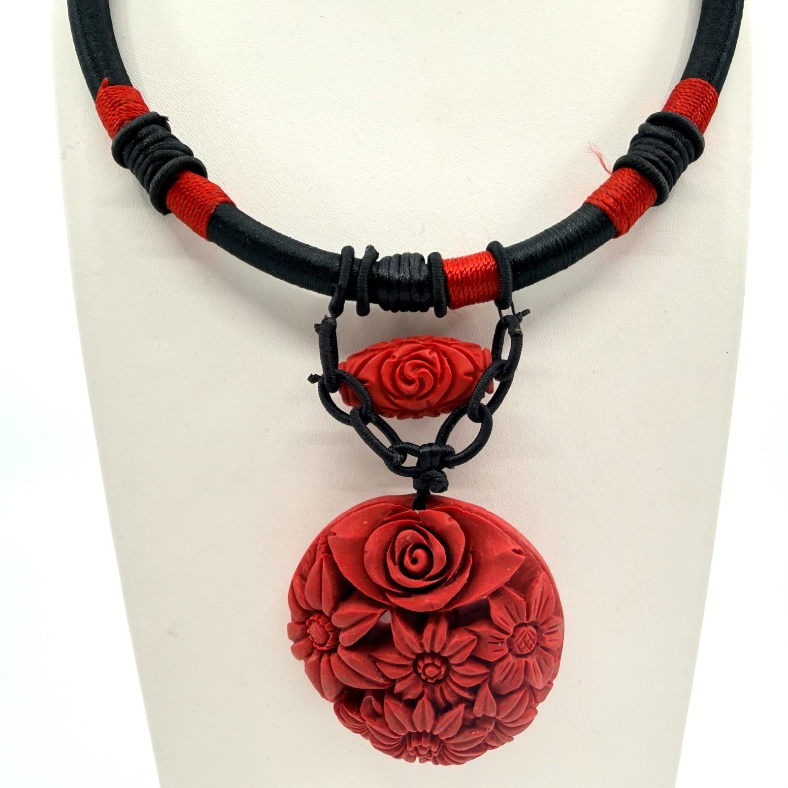 Vintage Red Floral Carved Pendant Necklace Black Cord Statement Boho Ethnic 90s