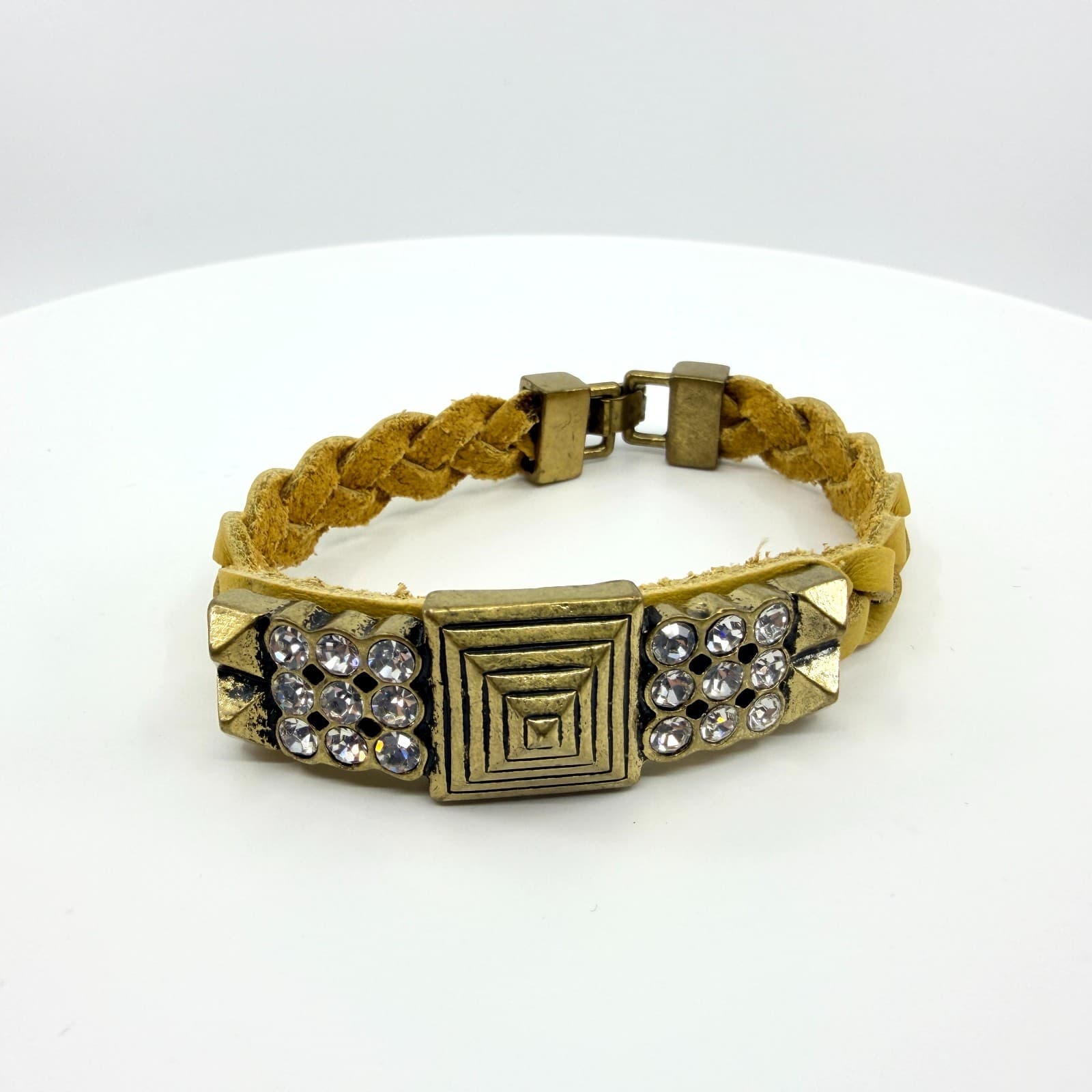 Vintage Antique Gold Tone Yellow Braided Statement Bracelet Rhinestone Bold Y2K