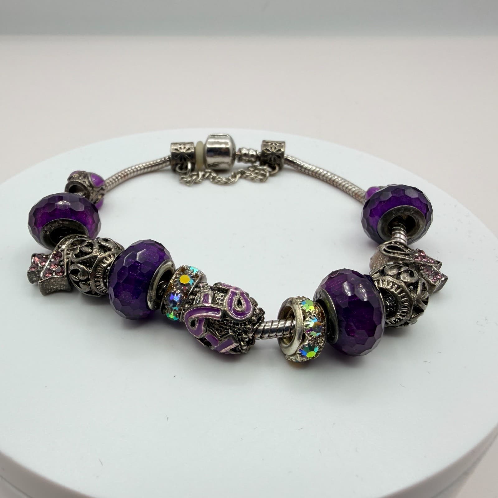 Vintage Silver Tone Charm Bracelet Purple Faceted Beads Y2K 90s Style Statement