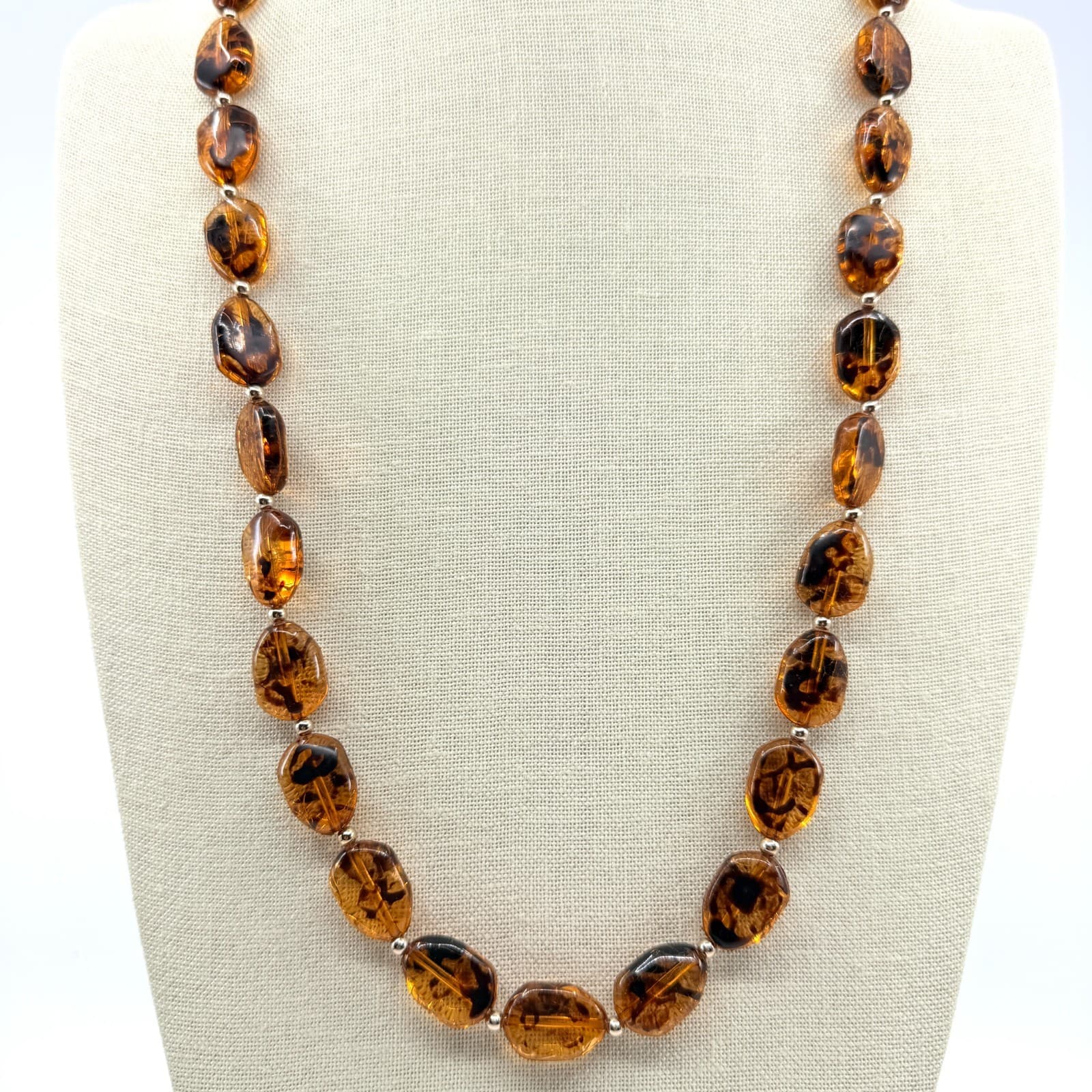 Vintage Amber Tone Tortoise Shell Pattern Bead Necklace Long Retro Minimalist