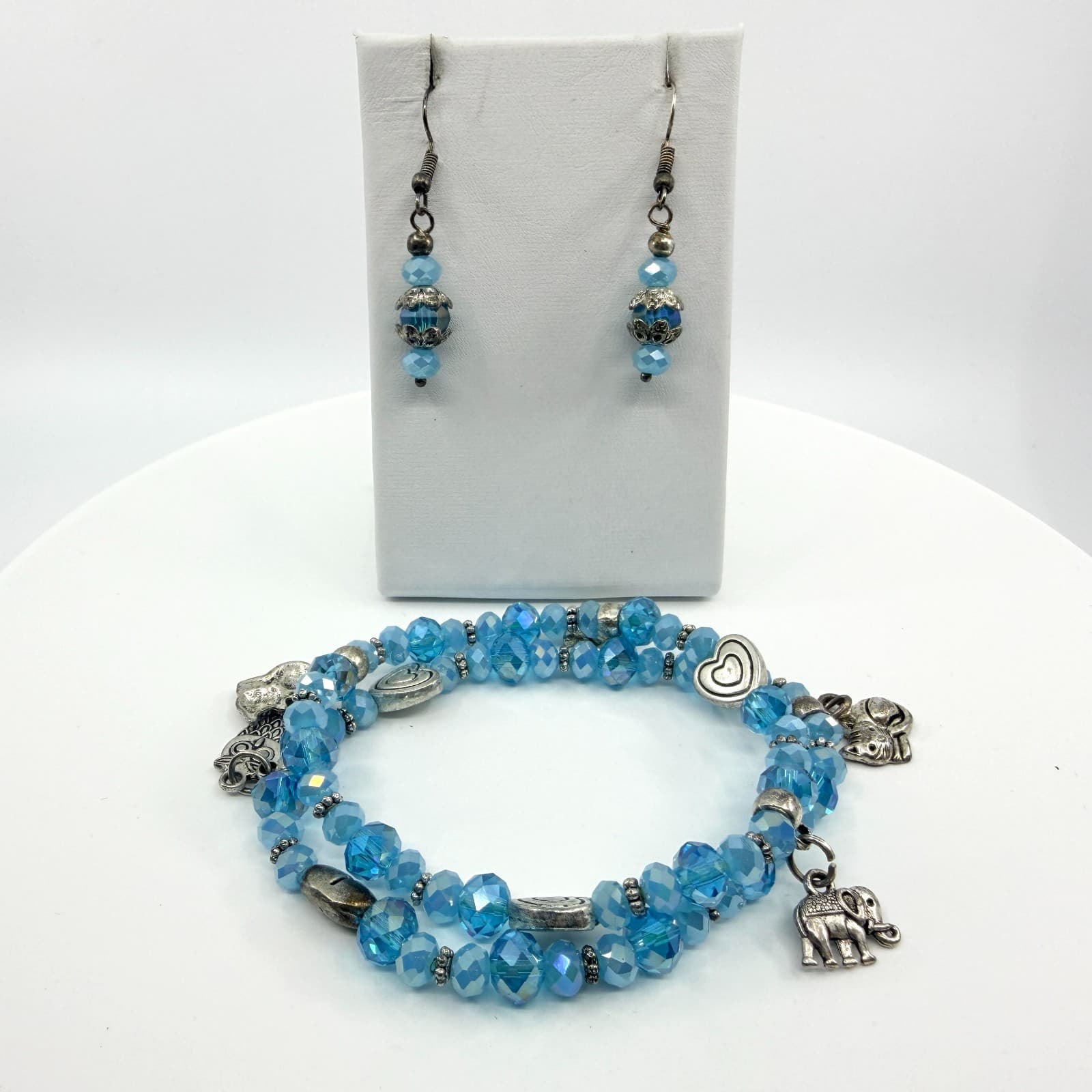 Vintage Blue Crystal Beaded Jewelry Set Elephant Charm Bracelet Dangle Earrings