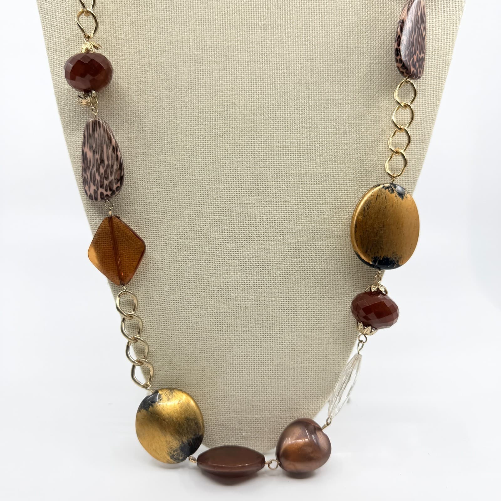 Vintage Gold Tone Long Beaded Necklace Animal Print Leopard Statement Boho 90s