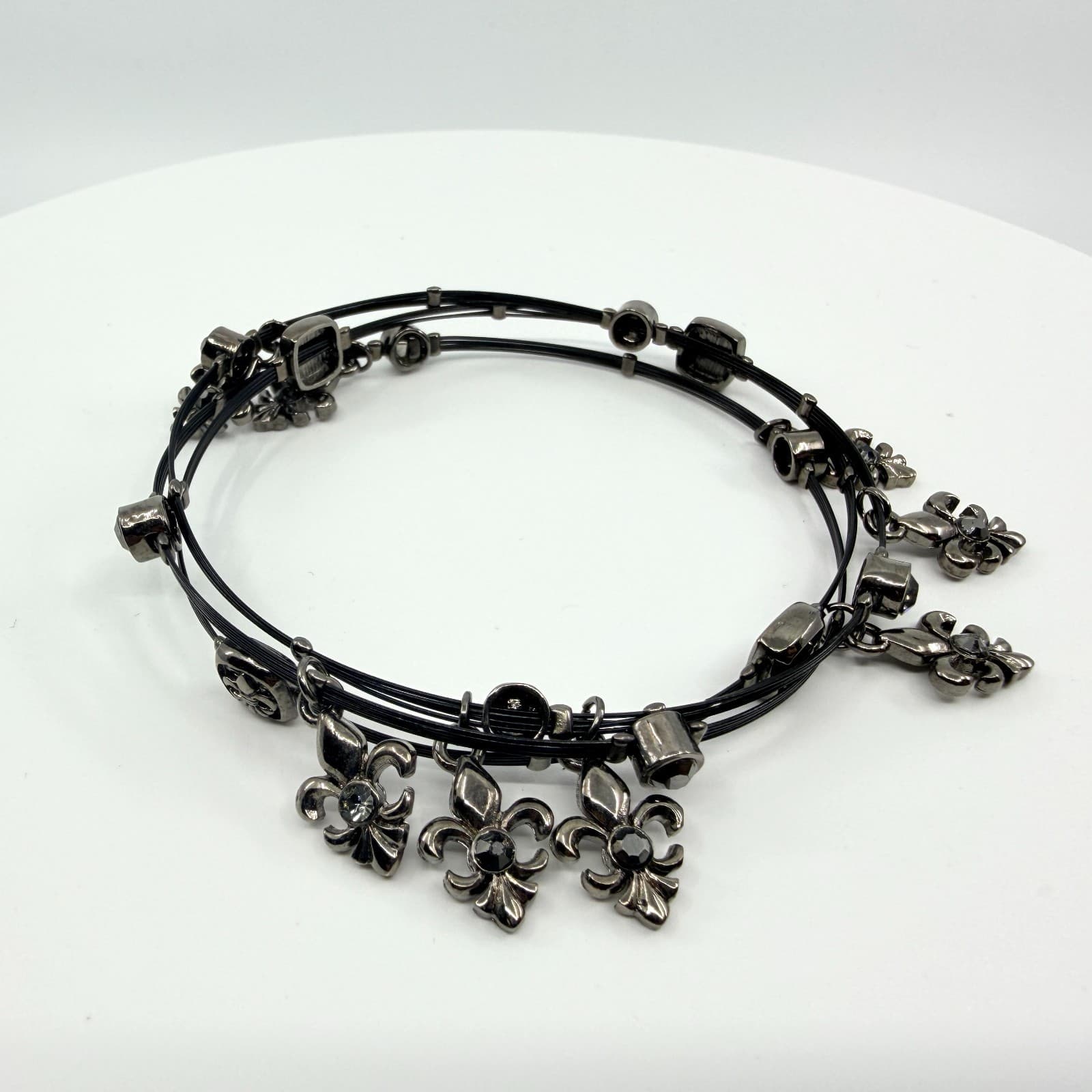Vintage Gunmetal Tone Multi Strand Fleur De Lis Necklace Choker Boho Statement