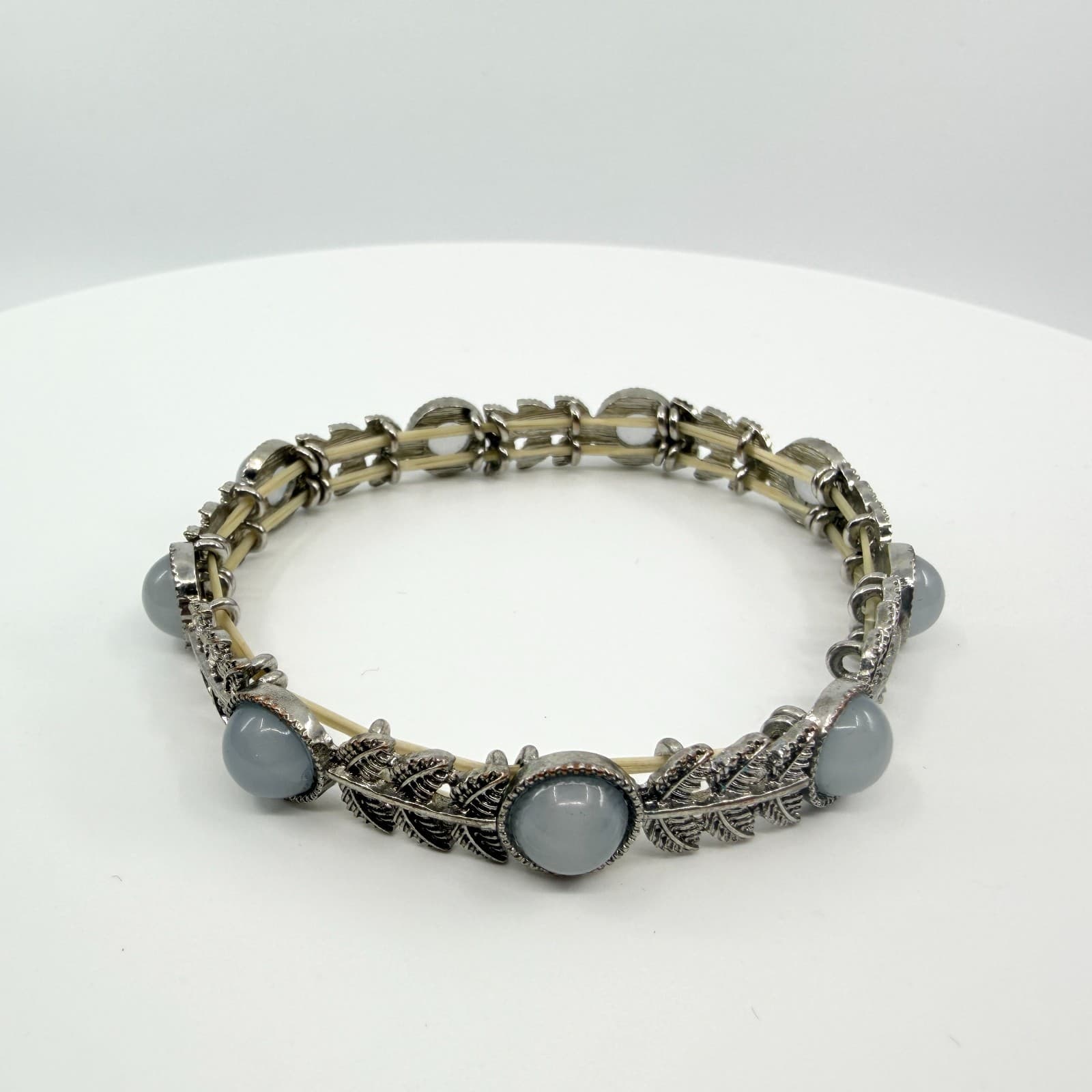 Vintage Silver Tone Light Blue Stone Leaf Link Stretch Bracelet Boho Statement