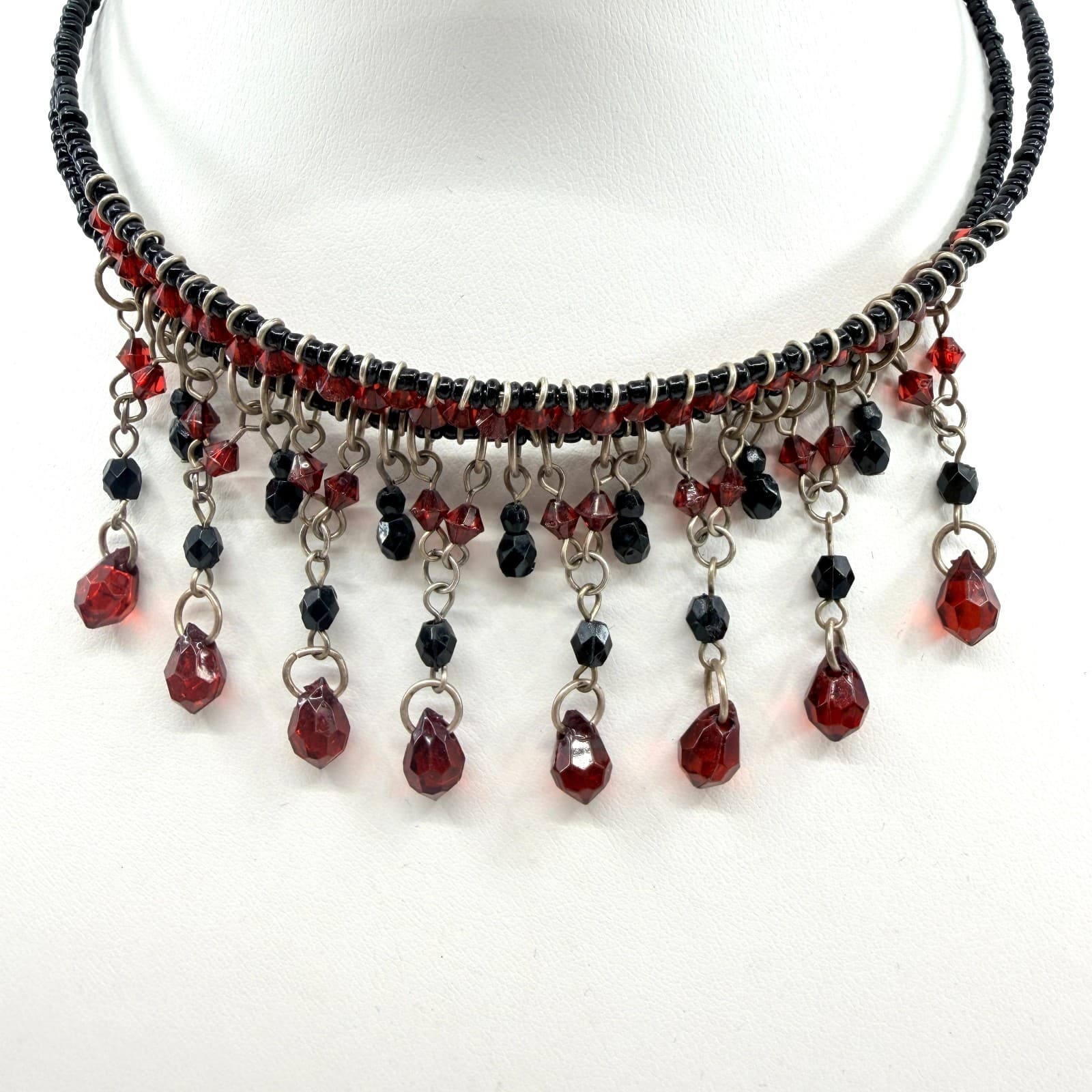 Vintage Gunmetal Tone Red Black Beaded Fringe Bib Statement Necklace Goth 90s