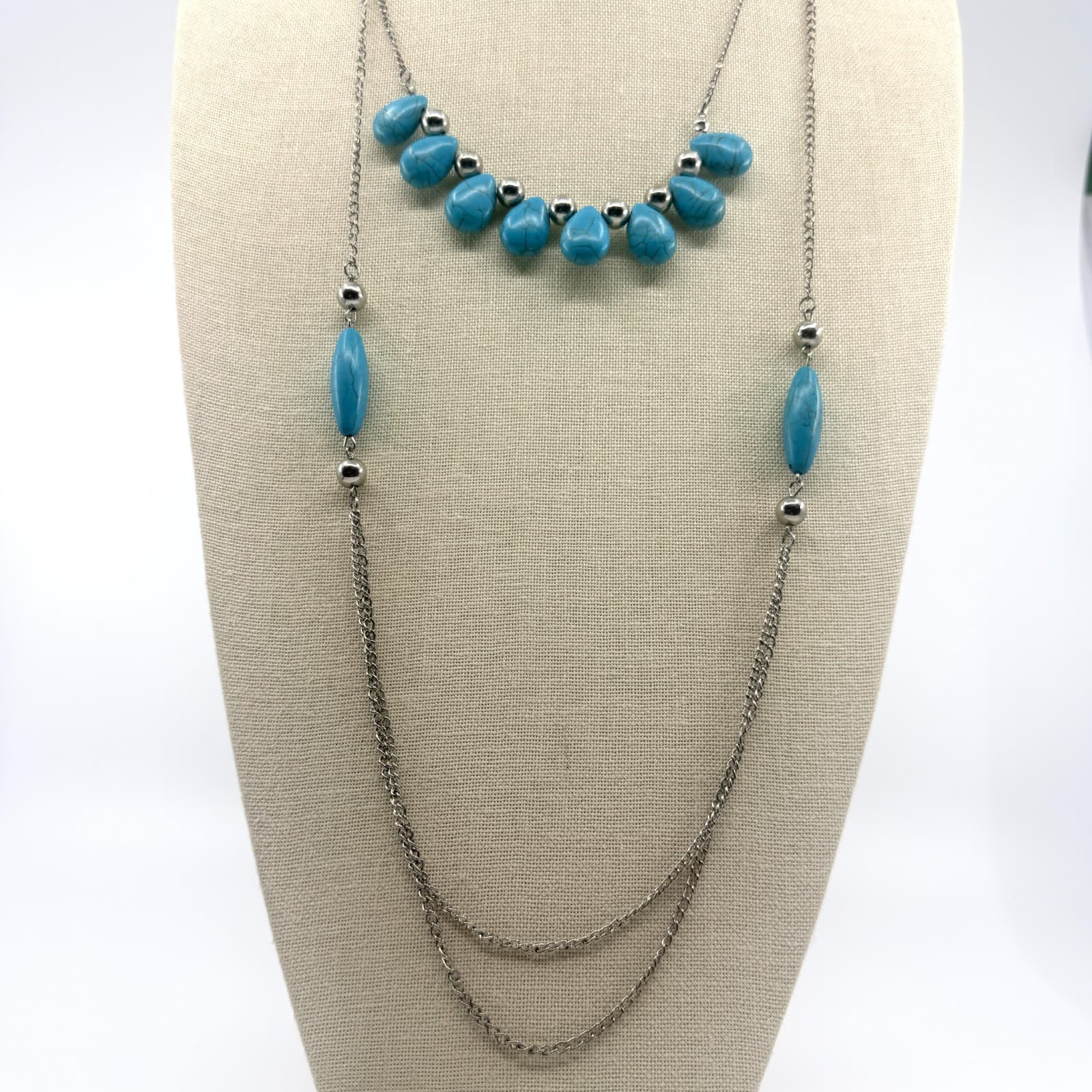Vintage Silver Tone Blue Faux Turquoise Double Strand Necklace Boho Layered