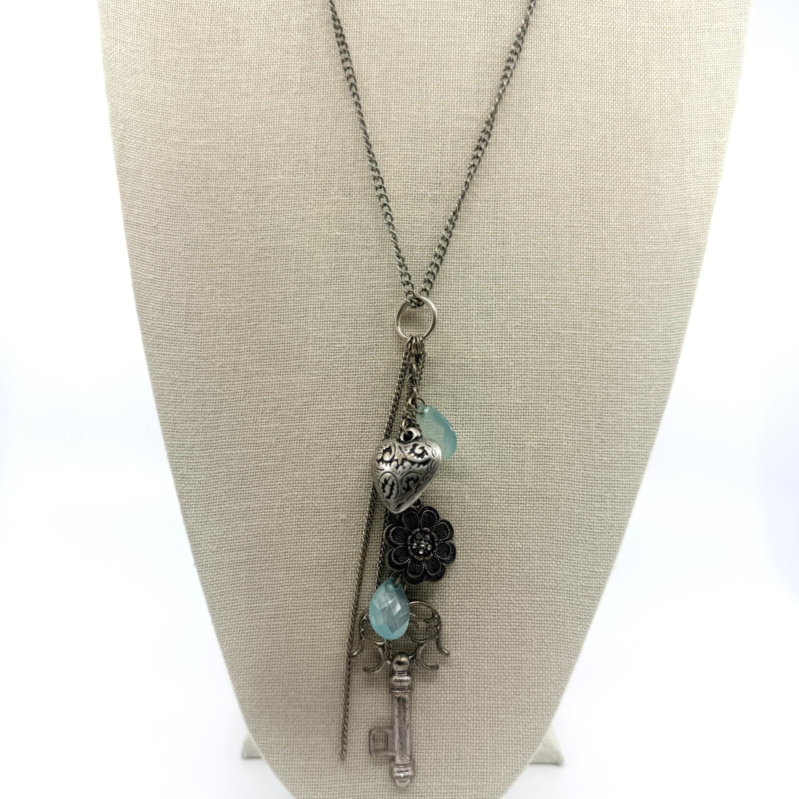 Vintage Antique Silver Tone Charm Necklace Heart Key Flower Boho Statement Y2K