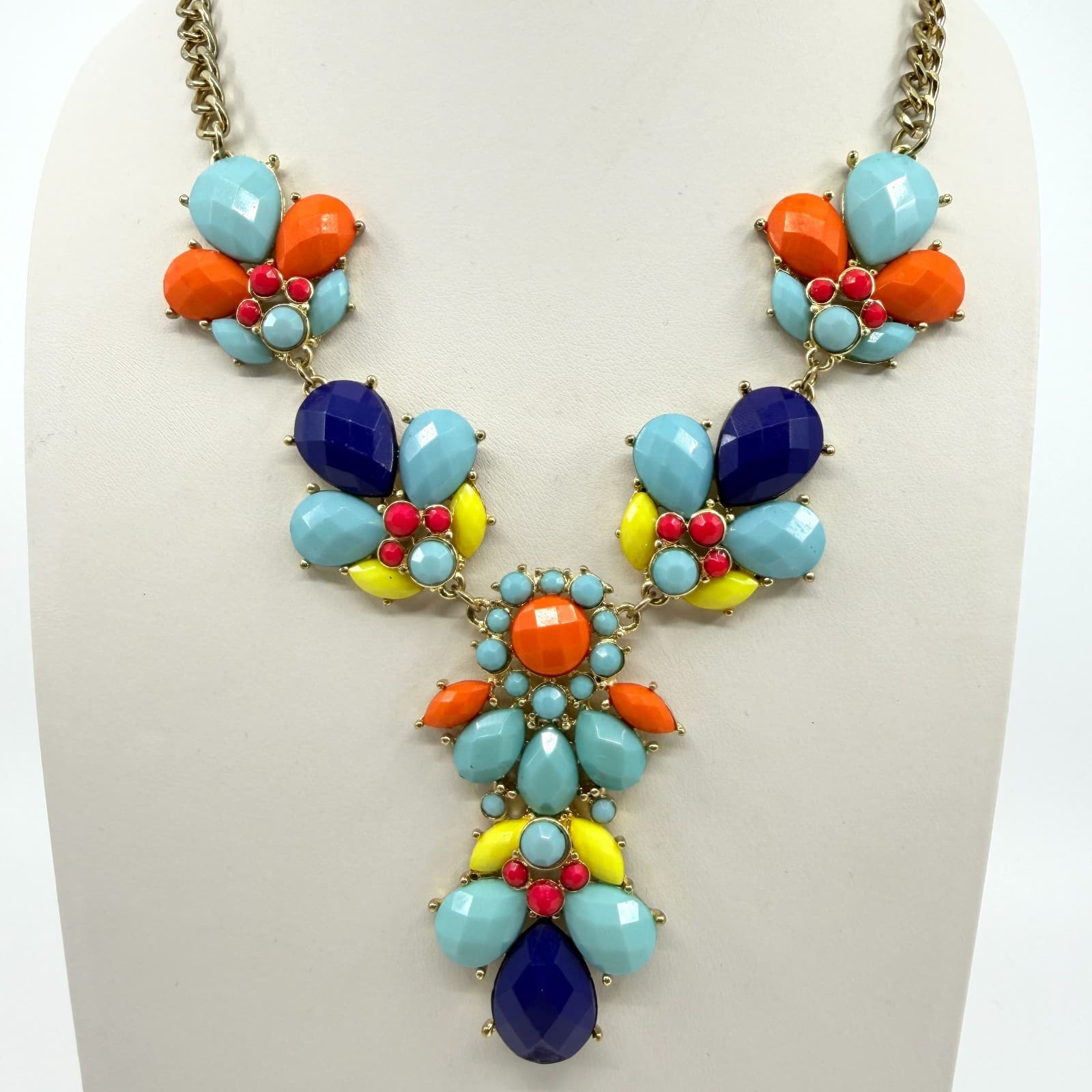 Vintage Gold Tone Multi Color Cluster Bib Statement Necklace Bold Chunky Retro