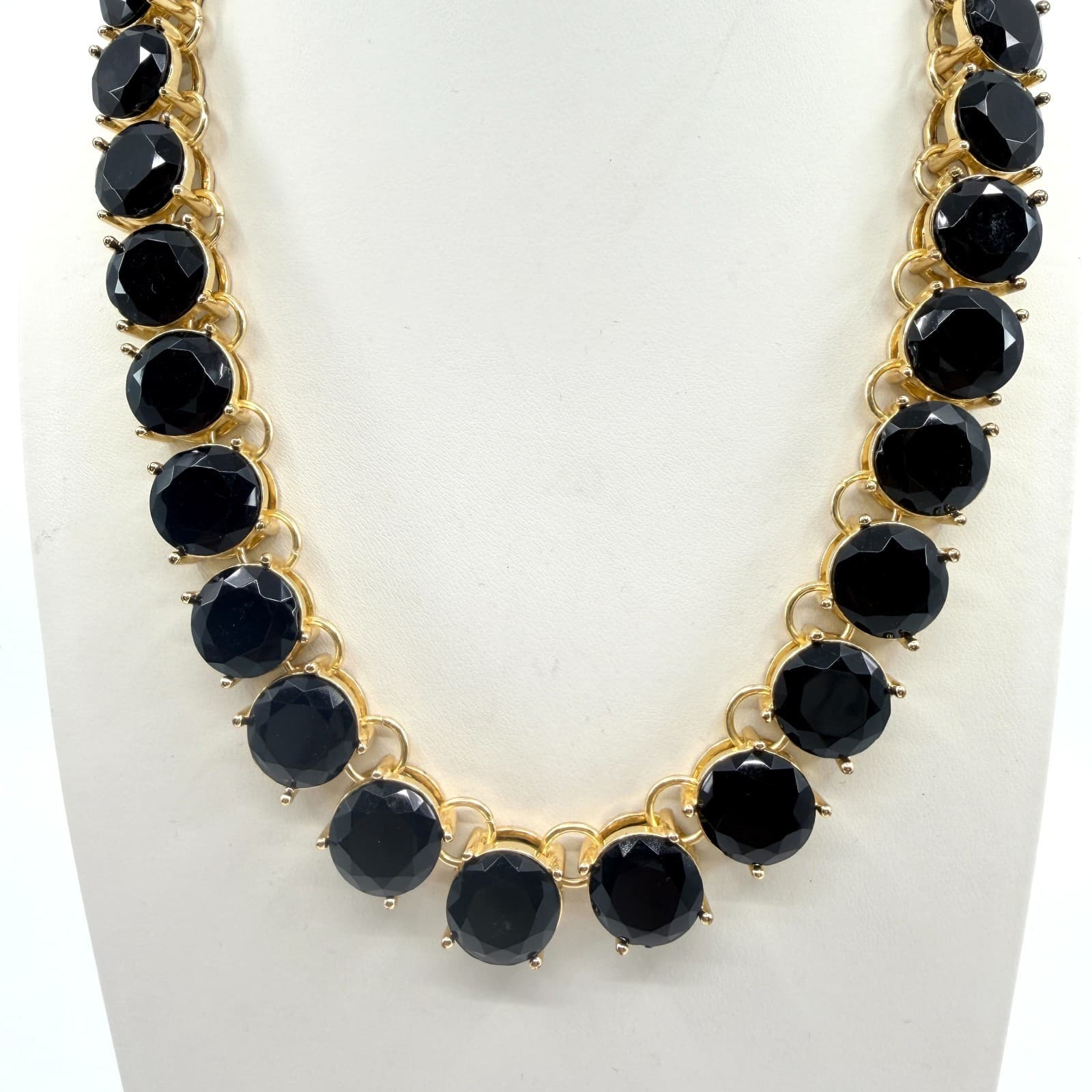 Vintage Gold Tone Bold Black Faceted Stone Statement Necklace Round Choker Retro