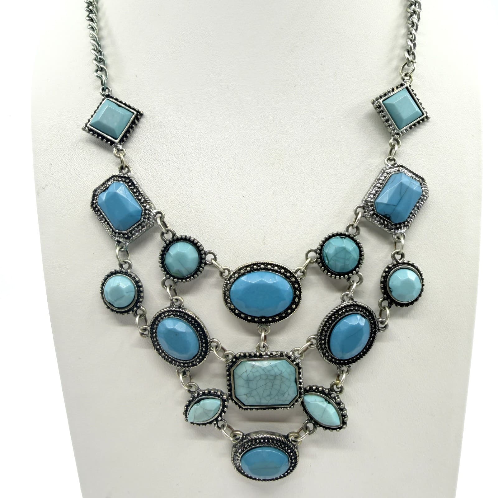 Vintage Silver Tone Blue Faux Turquoise Bib Statement Necklace Bold Geometric
