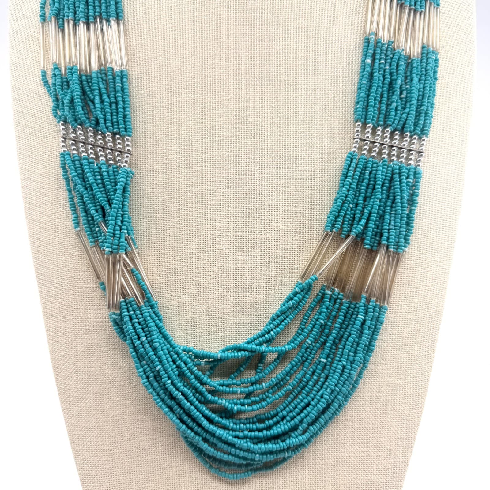 Vintage Silver Tone Multi Strand Seed Bead Necklace Teal Liquid Silver Boho Y2K