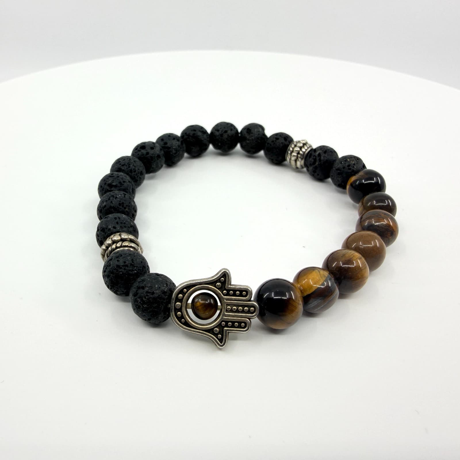 Vintage Silver Tone Hamsa Hand Stretch Bracelet Lava Rock Tiger Eye Tone Retro