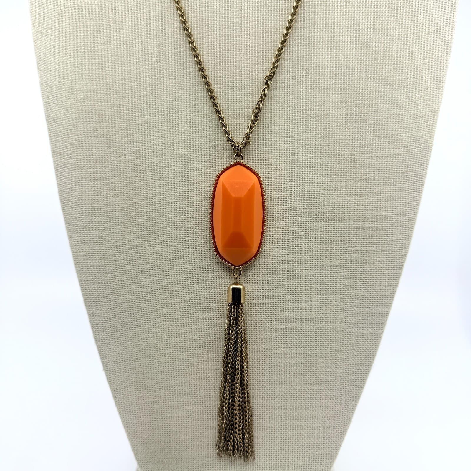 Vintage Gold Tone Orange Faceted Pendant Tassel Necklace Long Boho Statement 90s