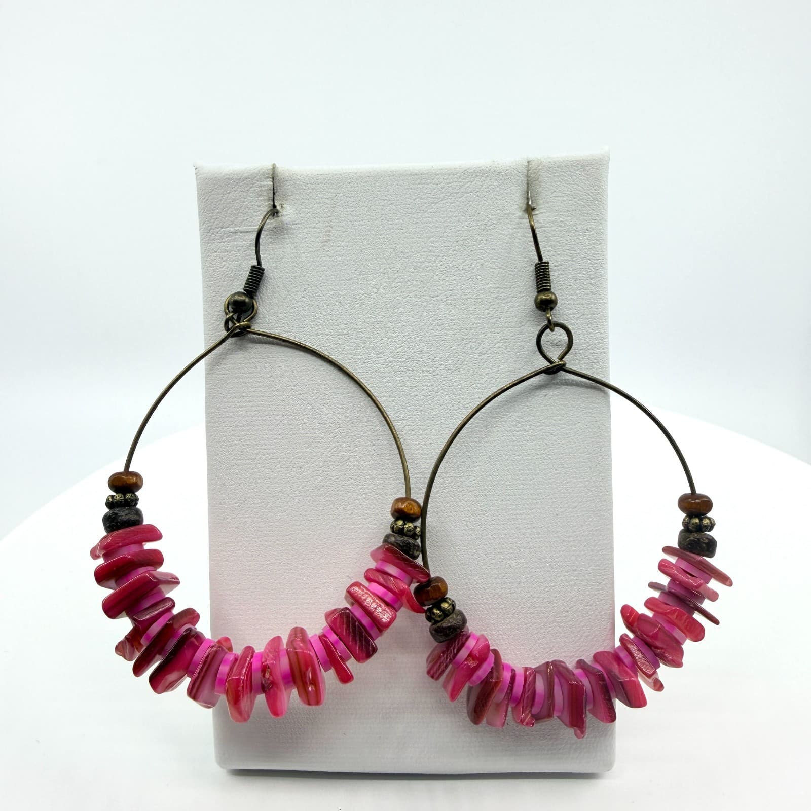 Vintage Antique Gold Tone Pink Iridescent Hoop Earrings Large Beaded Boho