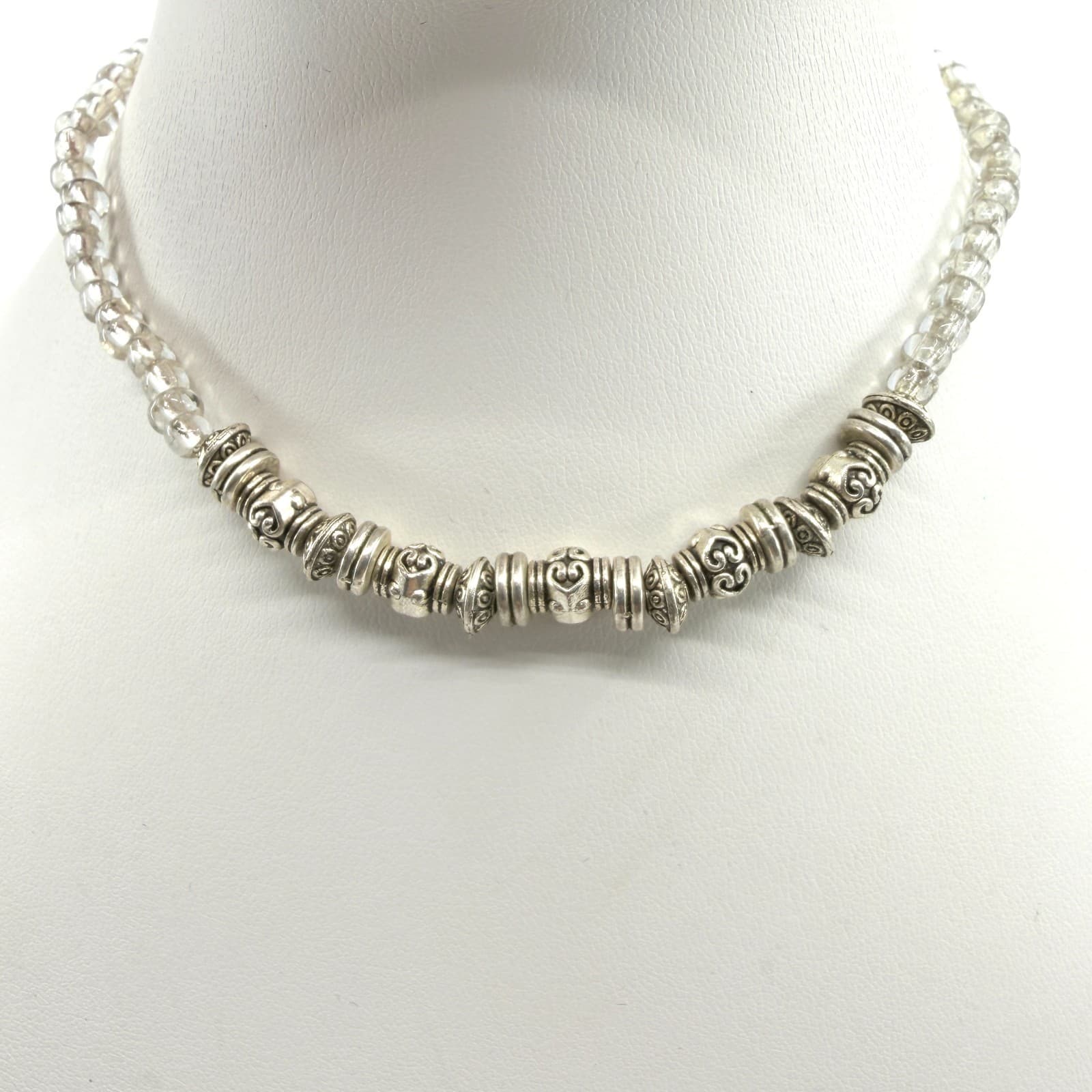 Vintage Silver Tone Beaded Statement Necklace Clear Crystal Glass Retro Boho