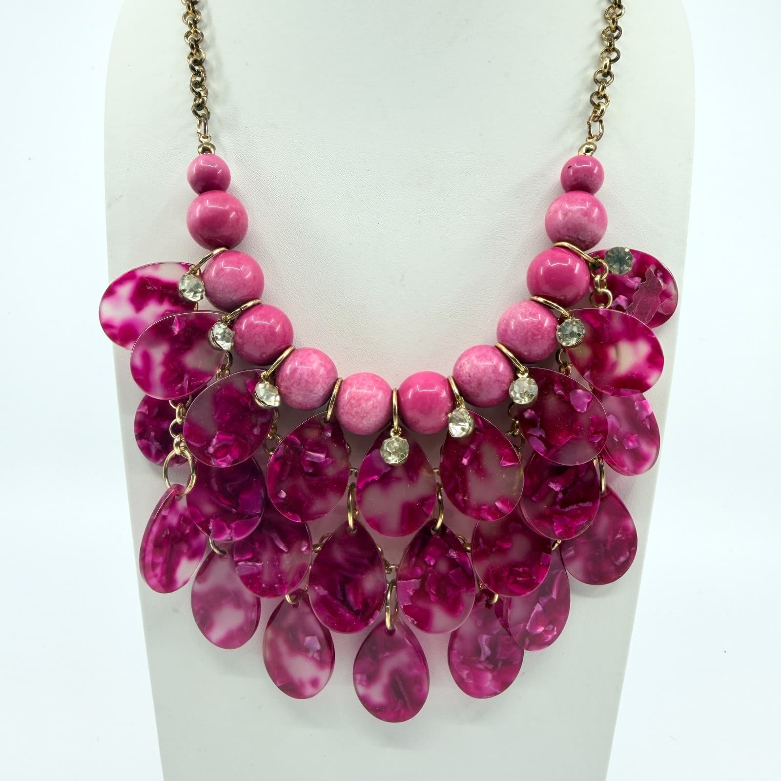 Vintage Gold Tone Pink Fuschia Bib Statement Necklace Bold Chunky Rhinestone Y2K