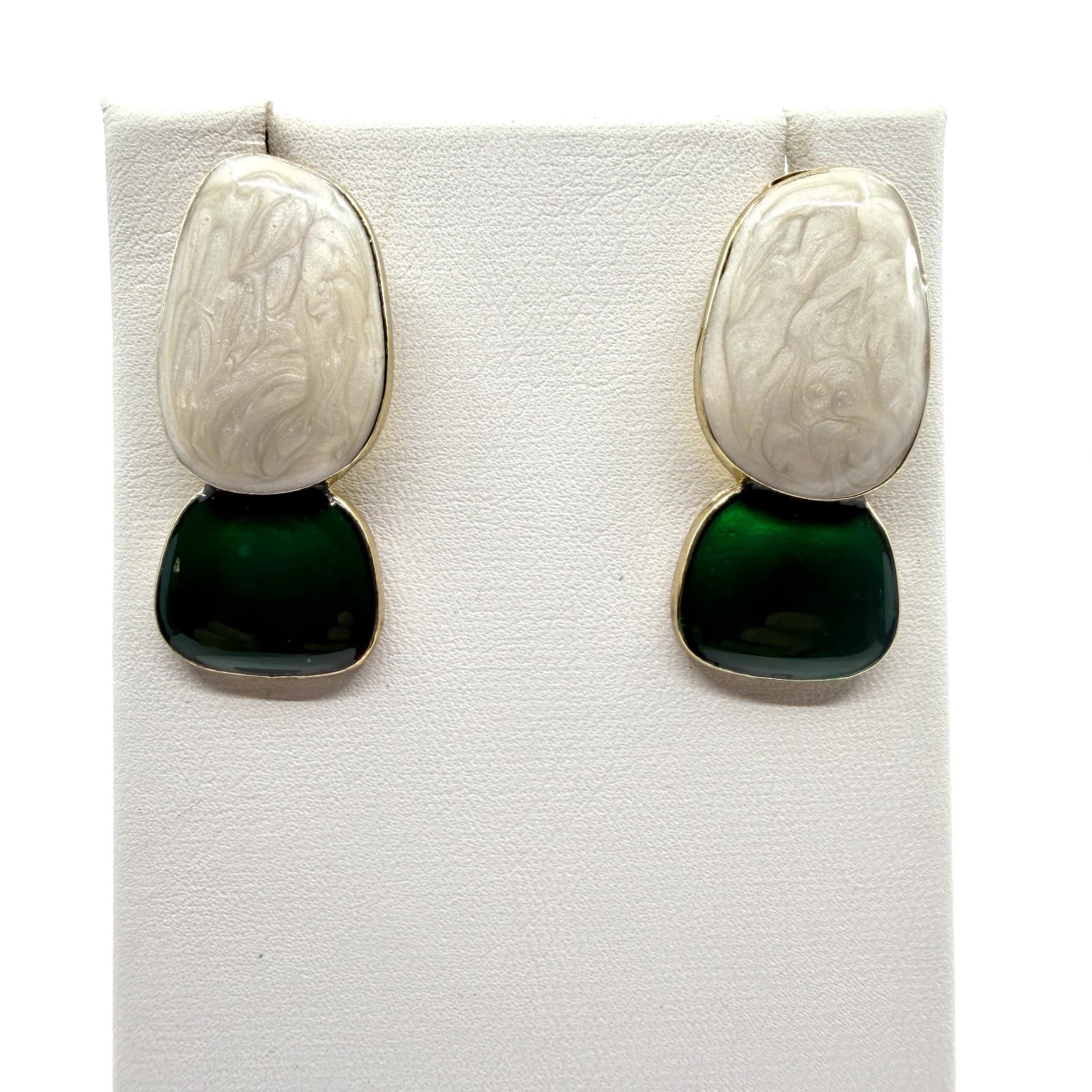 Vintage Gold Tone Enamel Drop Earrings Green White Swirl Abstract Statement 90s