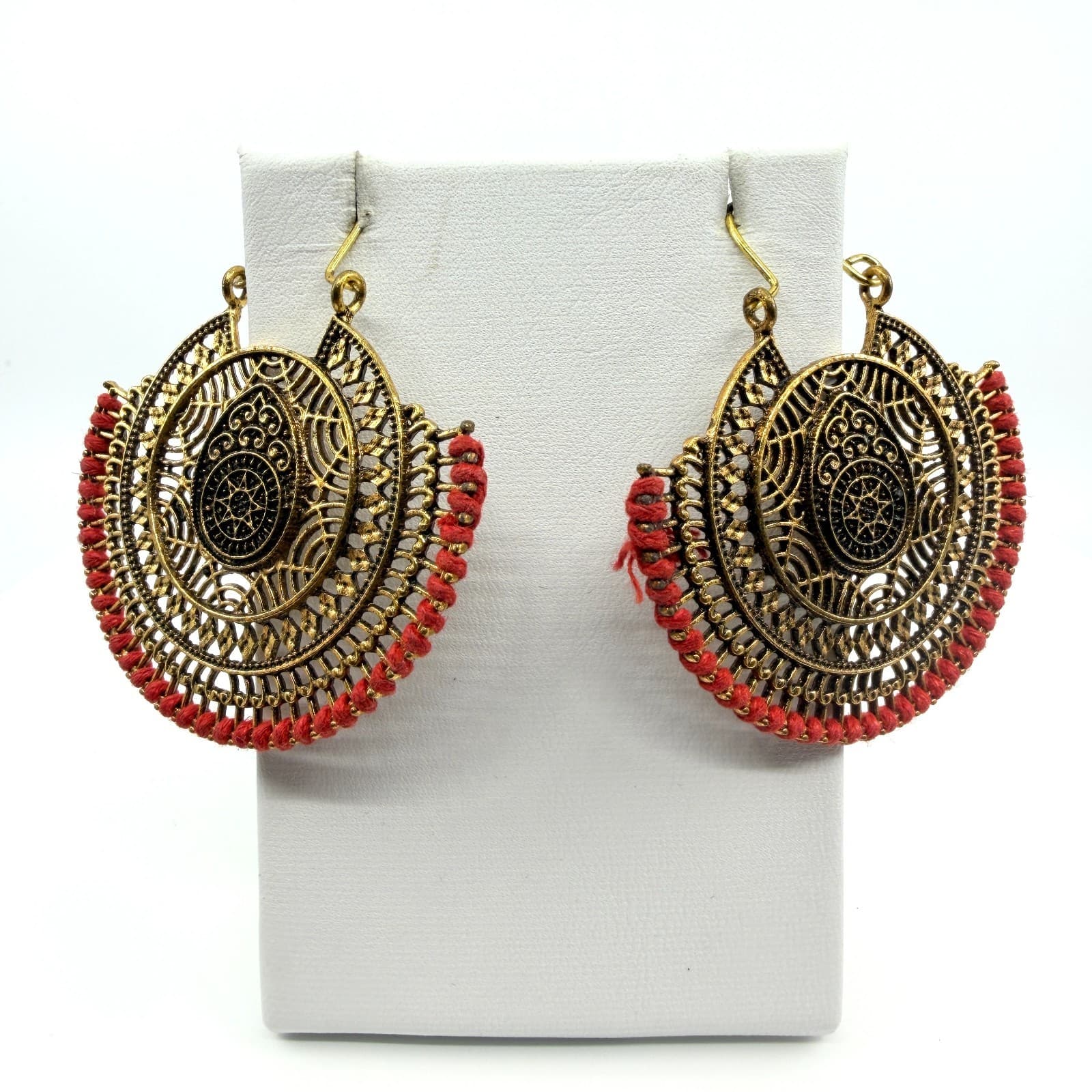 Vintage Statement Gold Tone Red Filigree Drop Earrings Large Statement Boho 90's