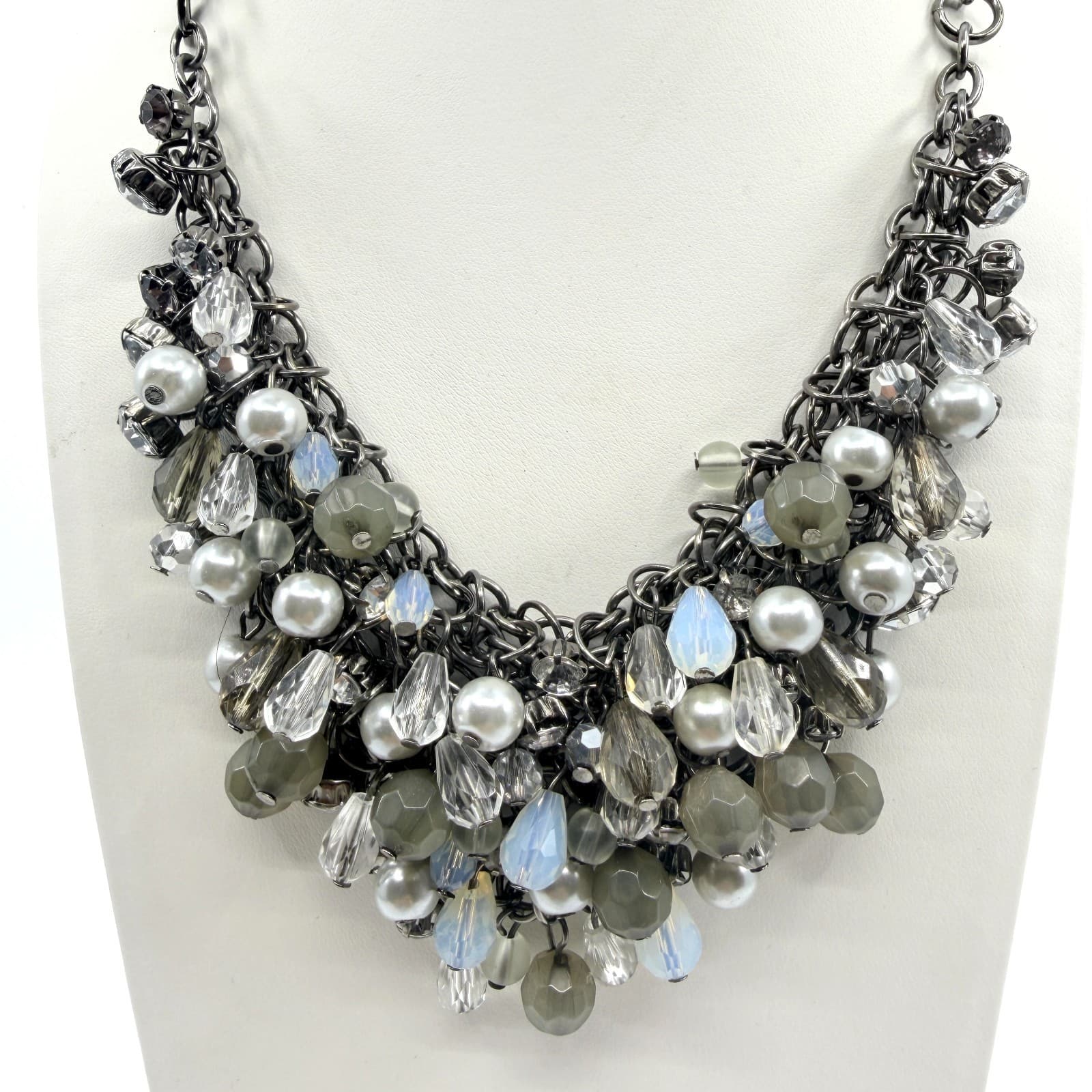 Vintage Gunmetal Tone Cluster Bib Statement Necklace Gray Faux Pearl Crystal 90s