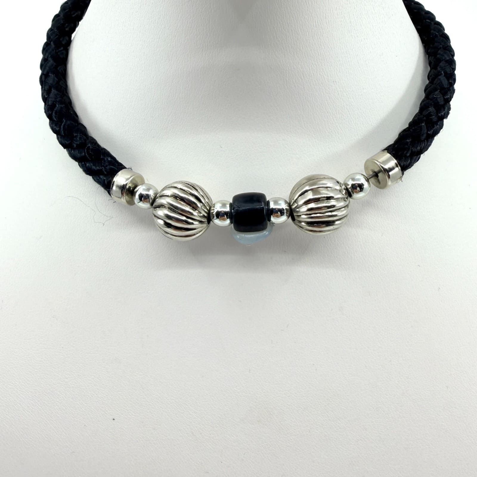 Vintage Black Braided Cord Statement Necklace Silver Tone Melon Beads Bold 90s