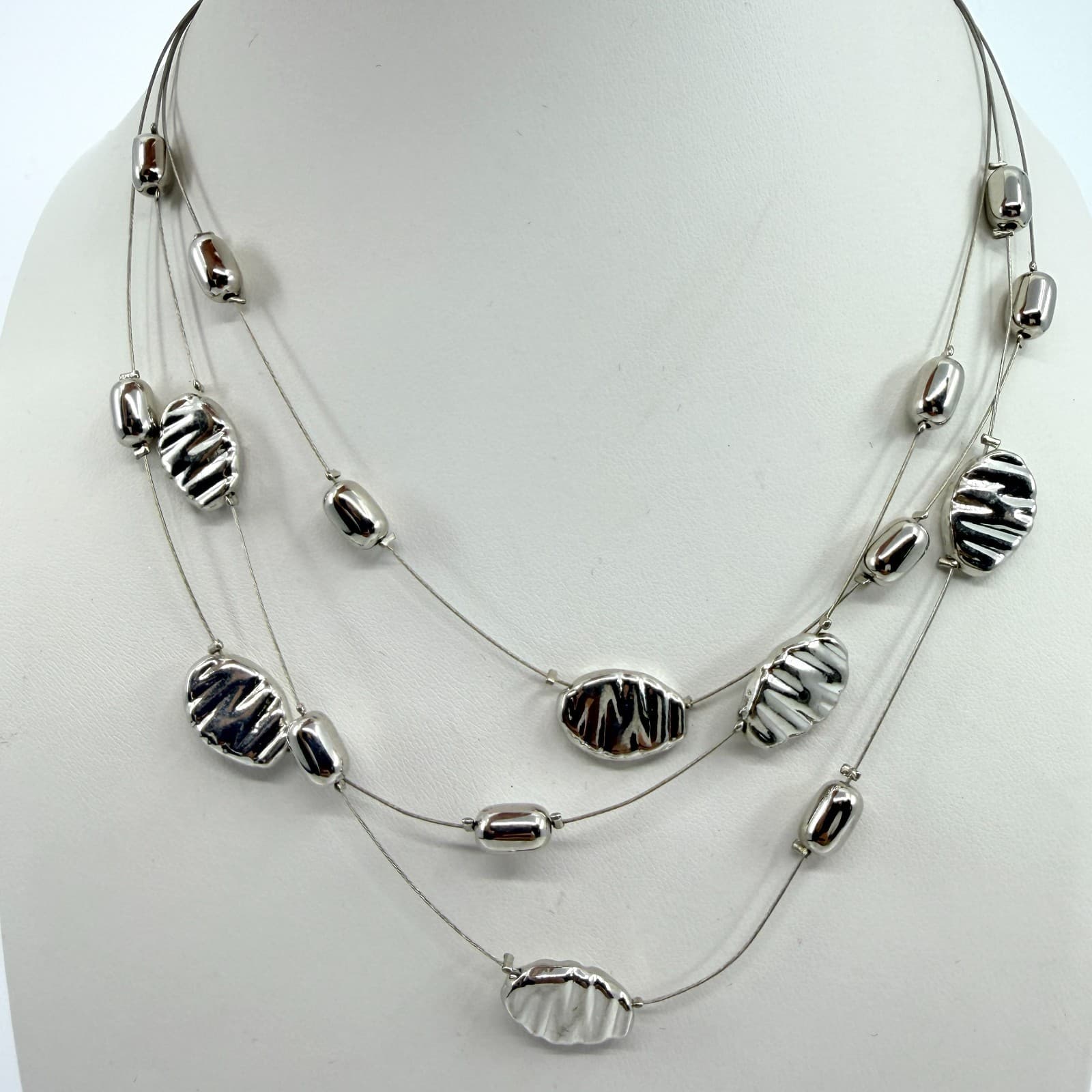 Vintage Silver Tone Multi Strand Floating Bead Necklace Statement Layered Boho