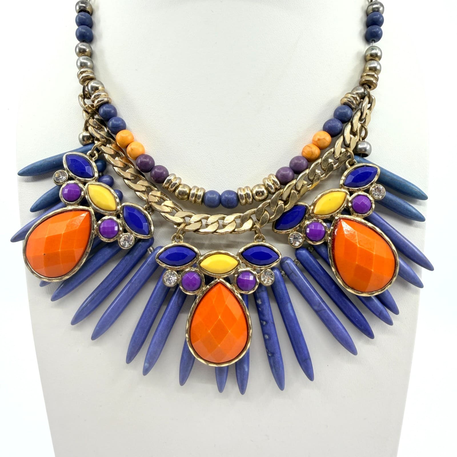 Vintage Gold Tone Bold Multi Color Spike Bib Statement Necklace Chunky Boho 90s