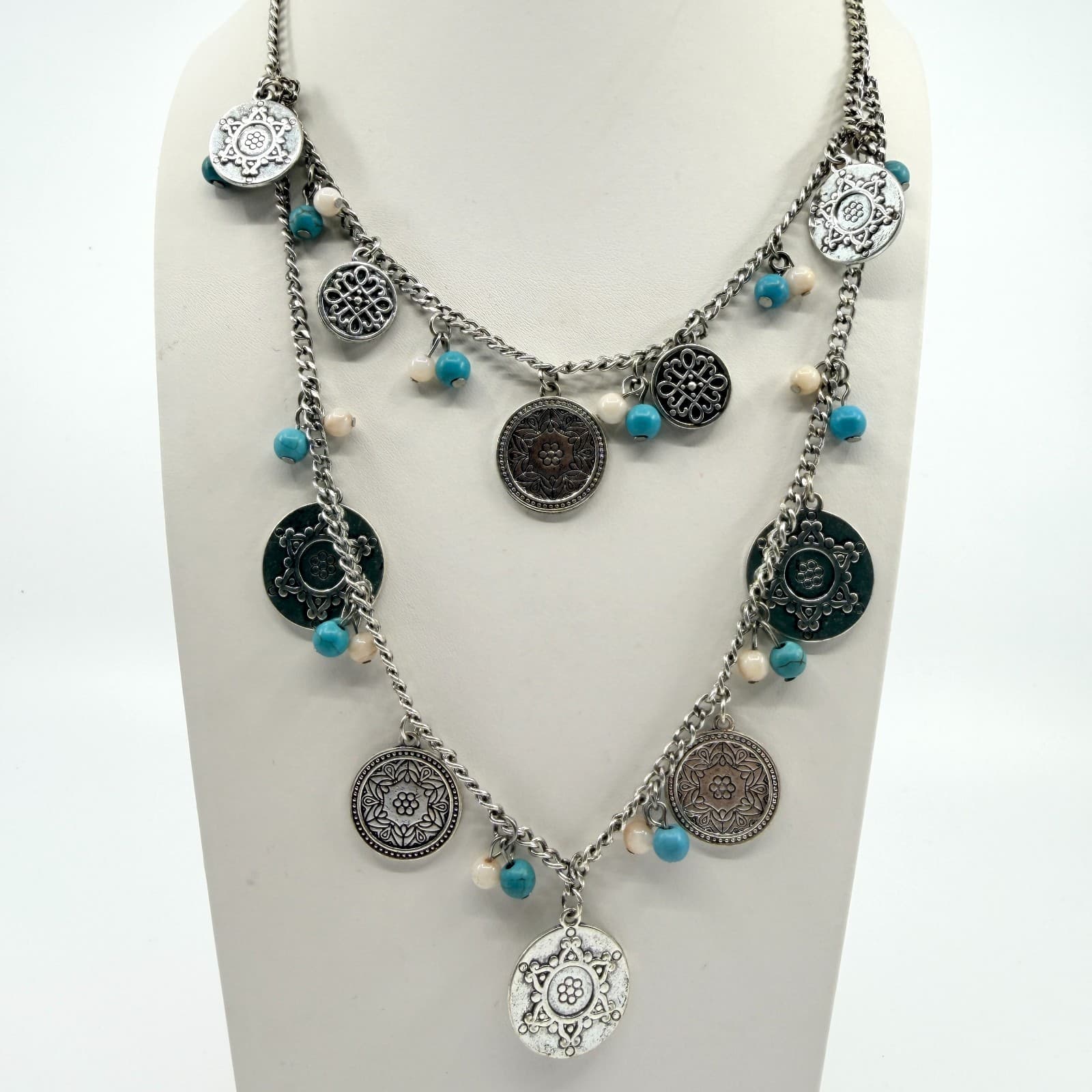 Vintage Silver Tone Boho Layered Statement Necklace Turquoise Color Beaded Coin