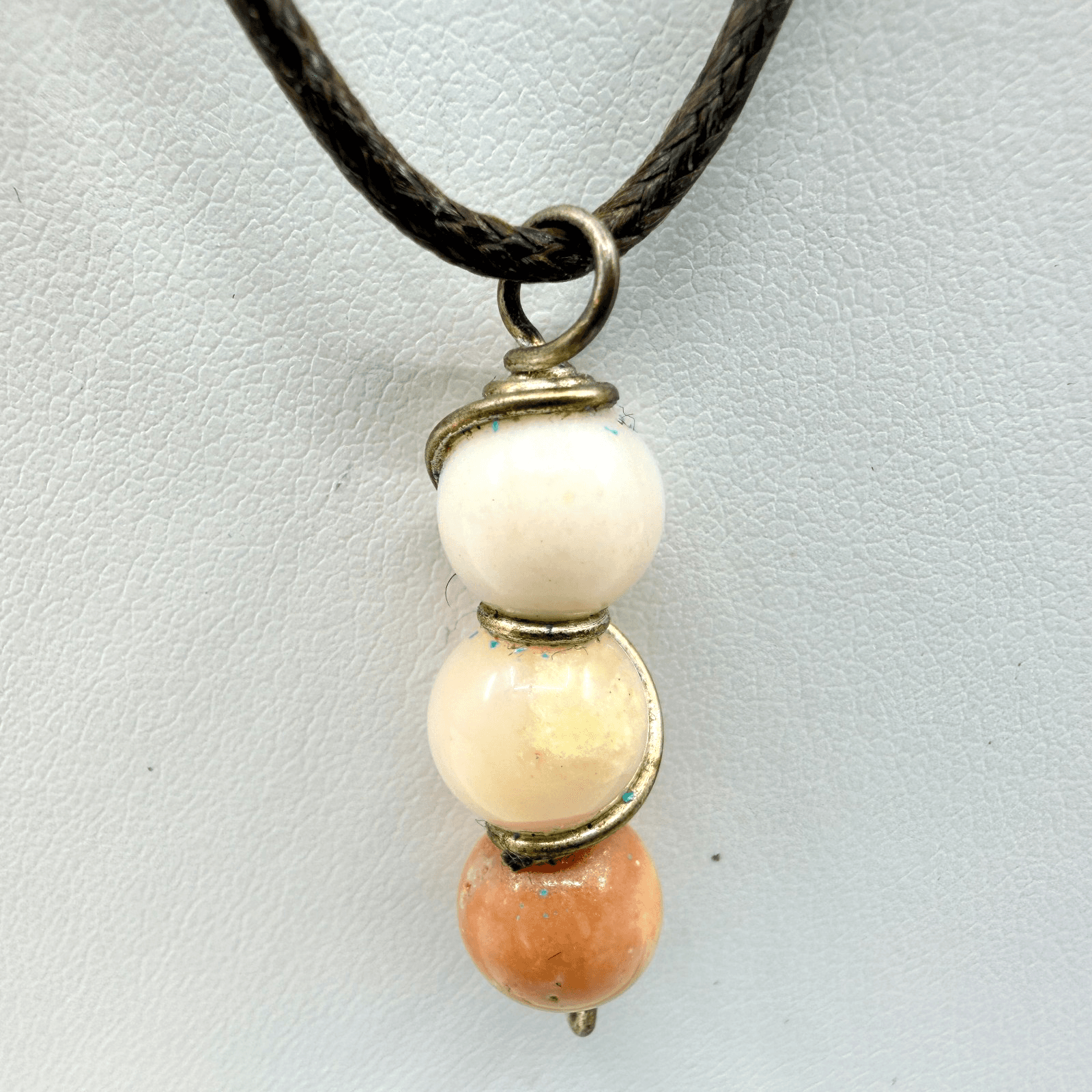 Vintage Gold Tone Three Bead Pendant Necklace Black Cord Minimalist Boho Retro