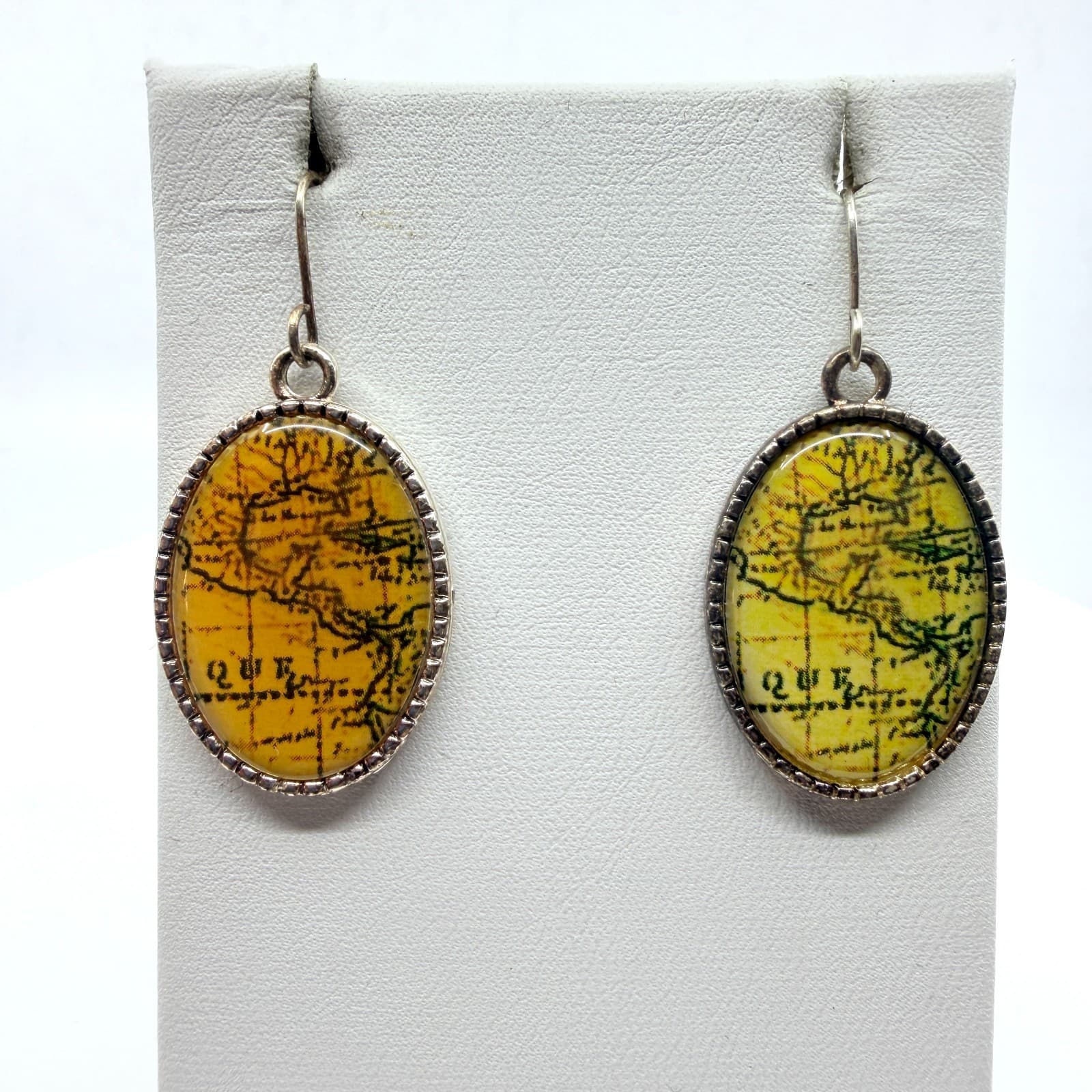 Vintage Map Cabochon Oval Drop Earrings Silver Tone Yellow Wanderlust Y2K Boho