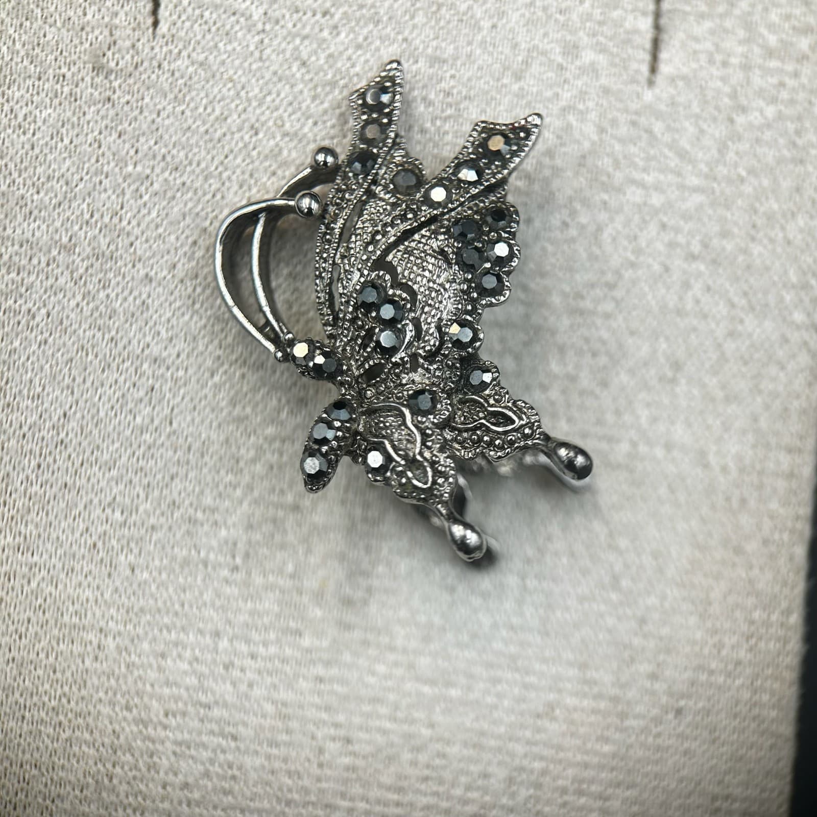 Vintage Butterfly Brooch Pin Silver Tone w/ Black Crystal Accents Y2K 90s 2000s