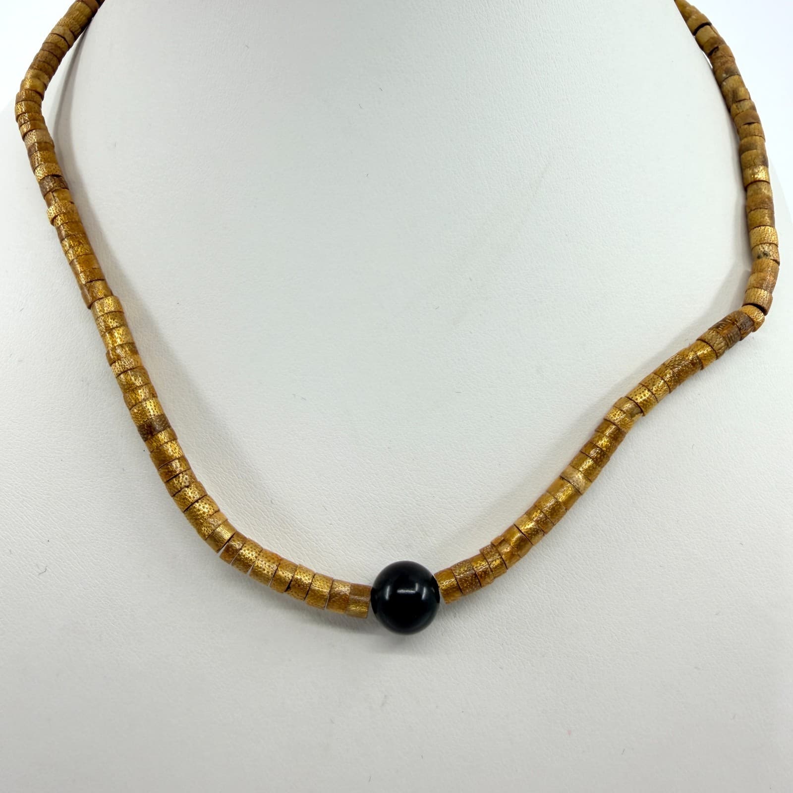 Vintage Natural Tone Disc Bead Necklace Black Focal Minimalist Boho Retro 90's