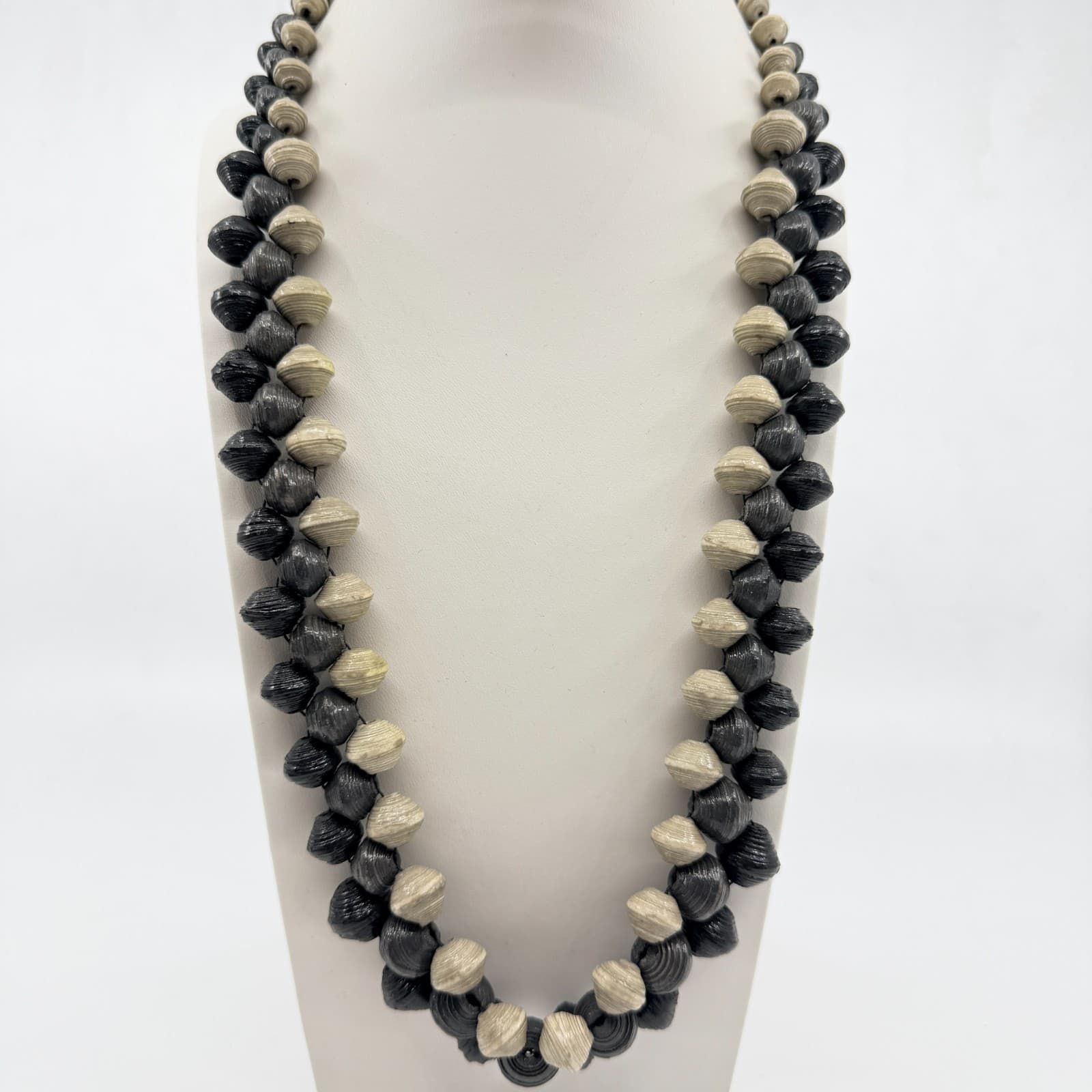 Vintage Boho Black Cream Handcrafted Rolled Paper Bead Strand Statement Necklace