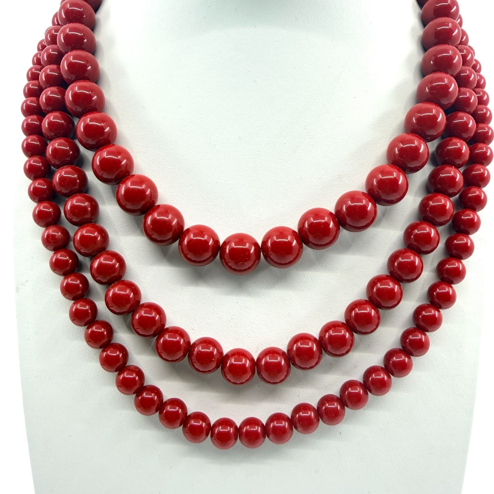 Vintage Red Beaded Multi Strand Necklace Layered Statement Bold Chunky Retro 90s