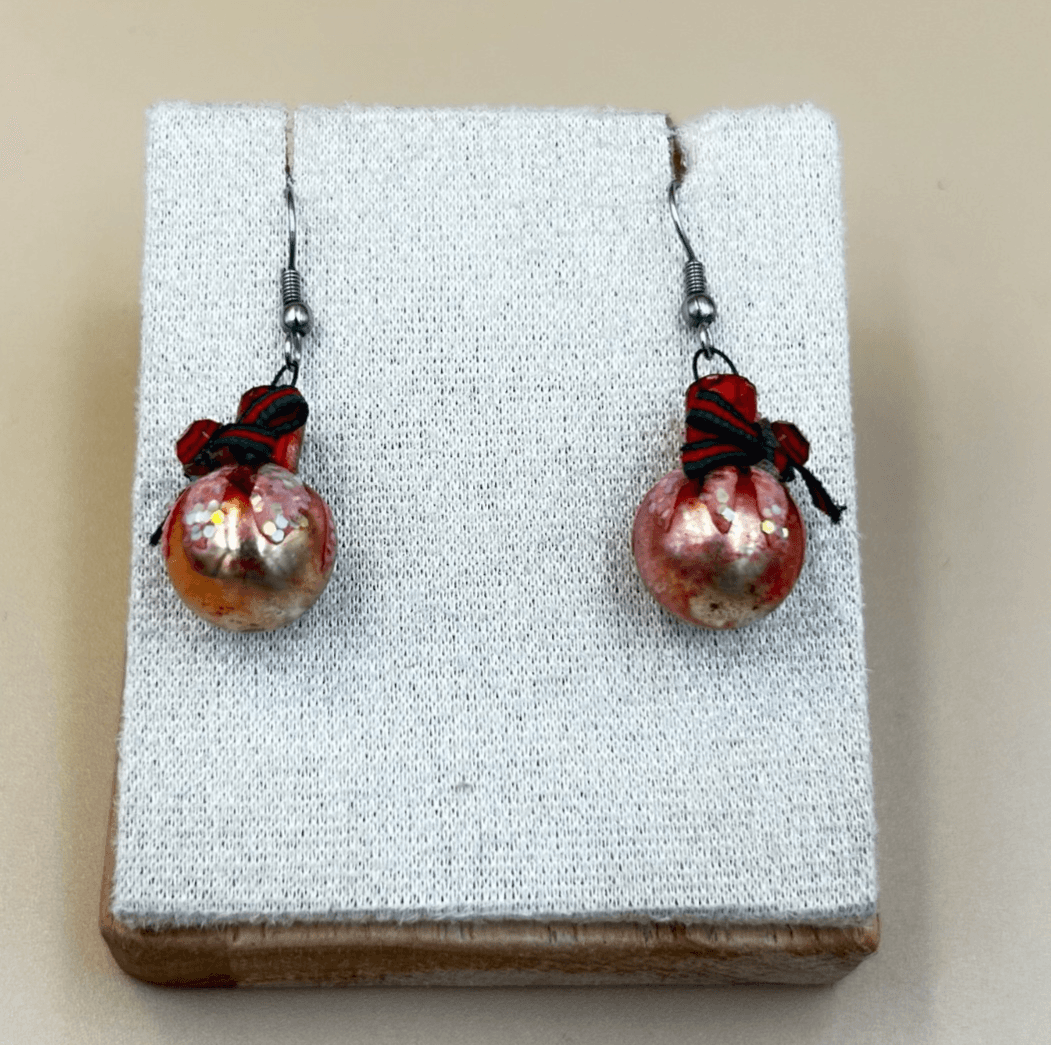 Vintage Handmade Holiday Red & Gold Bead Dangle Earrings with Ribbon Bow Accent