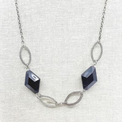 Vintage Silver Tone Black Geometric Lozenge Bead Necklace Textured Link Retro