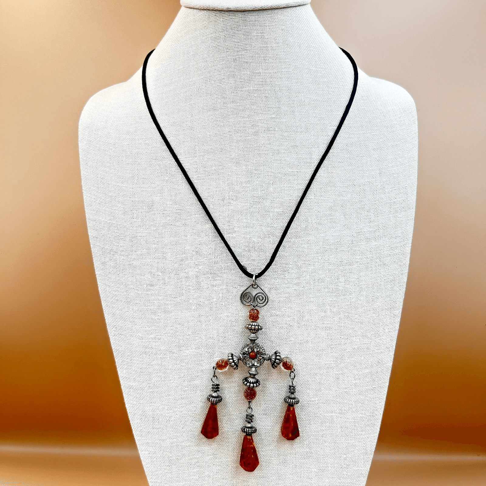 Vintage Silver Tone Chandelier Pendant Necklace Boho Statement Red Cord Retro