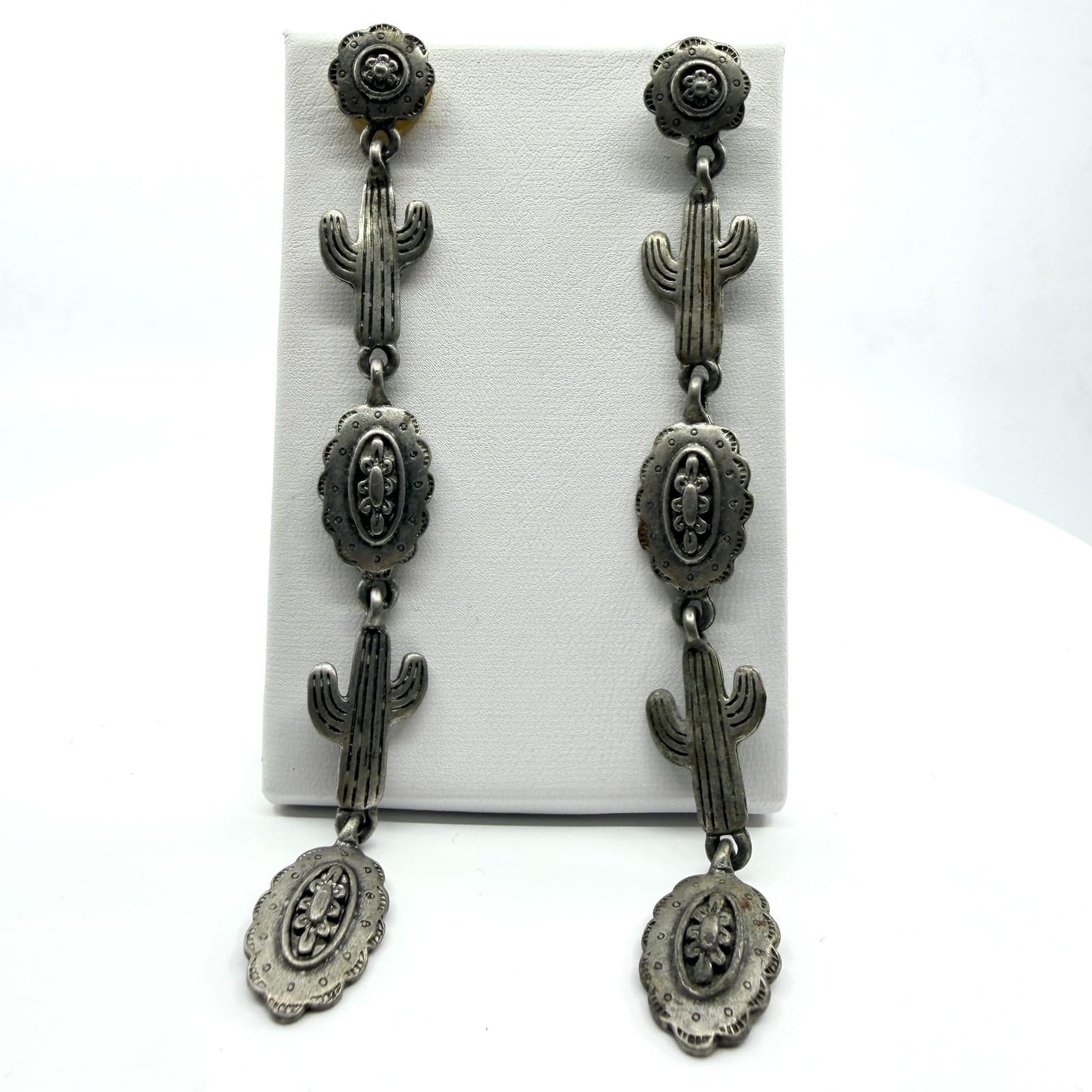 Vintage Southwestern Silver Tone Cactus Flower Long Dangle Drop Post Earrings